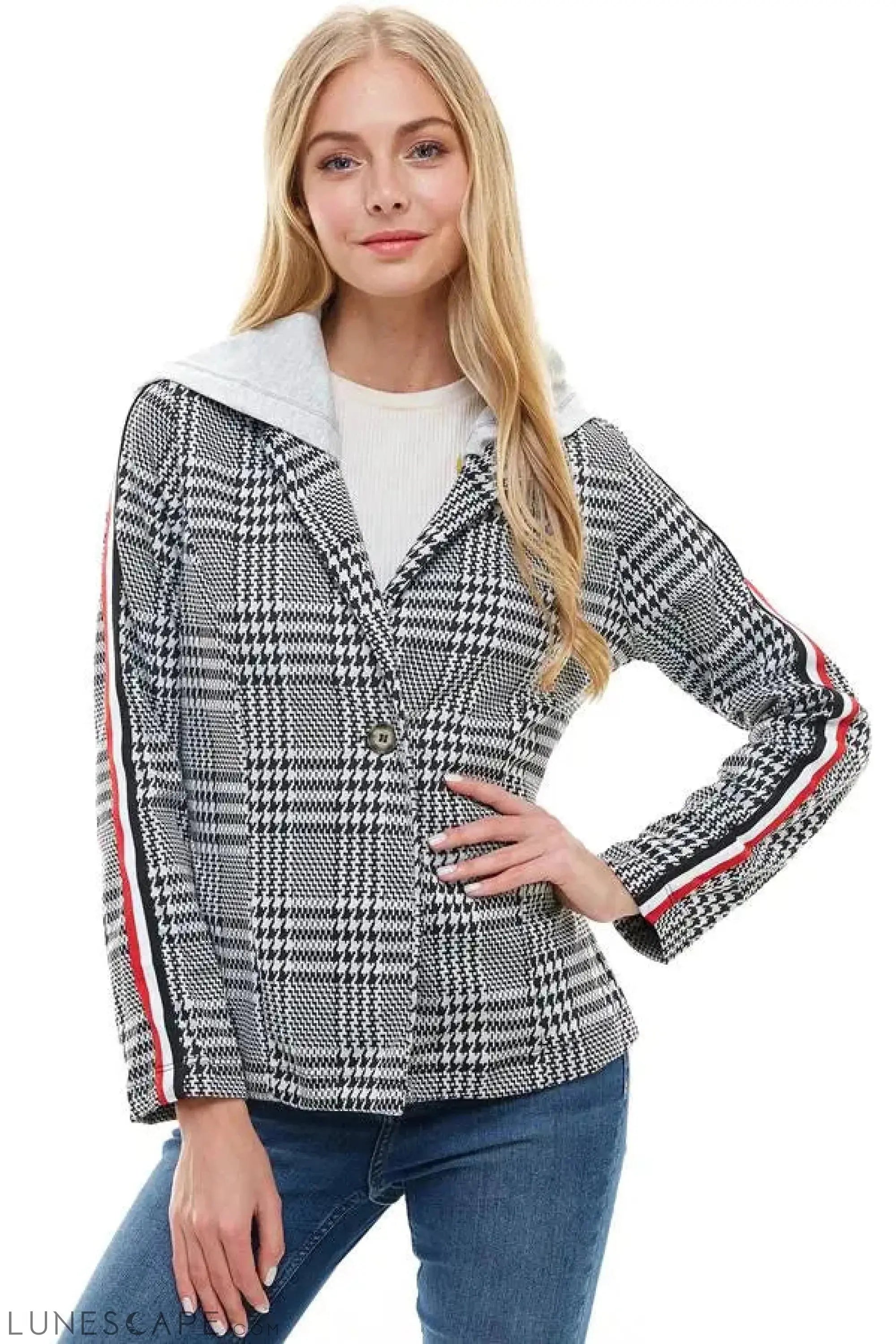 Hooded Plaid Blazer LUNESCAPE