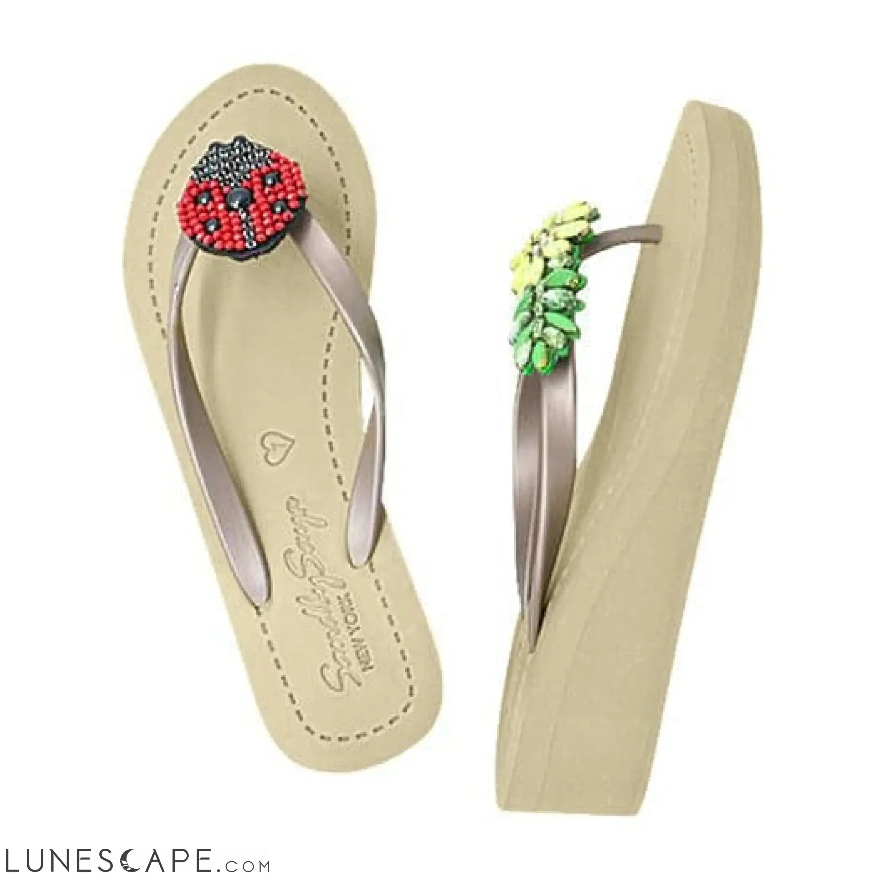 Ladybug & Yellow Daisy - Red and Yellow Embellished motifsMid Wedge Flip Flops LUNESCAPE