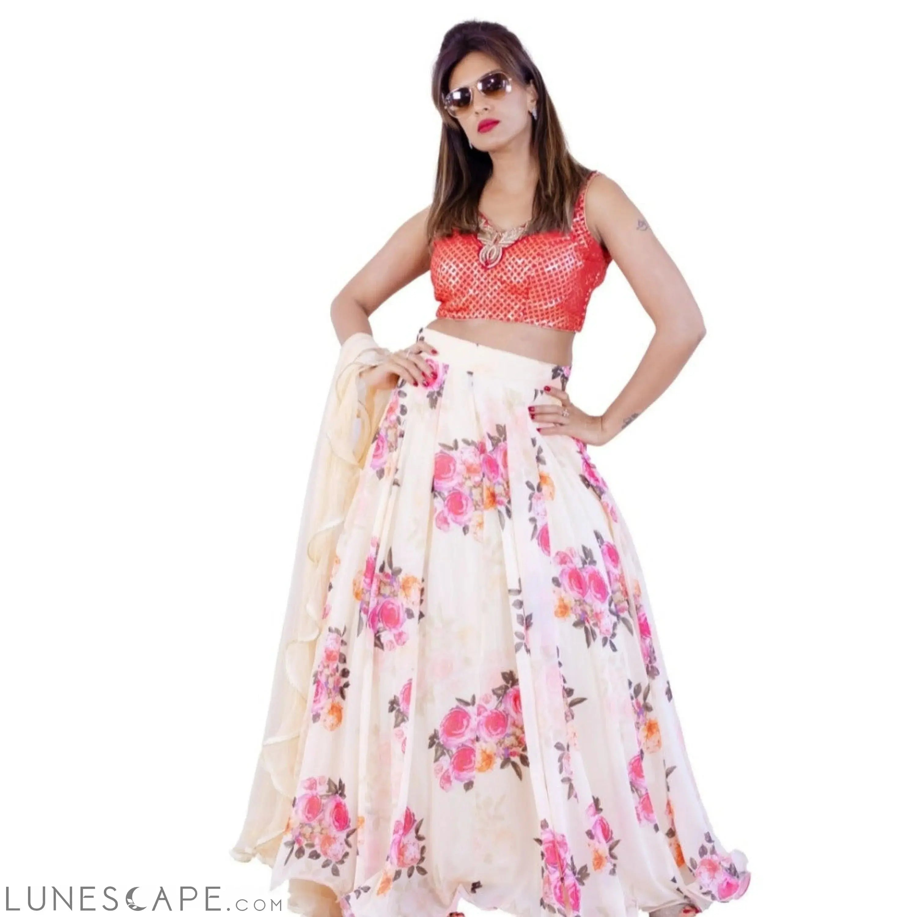 Lehenga Choli Set in Floral Print LUNESCAPE