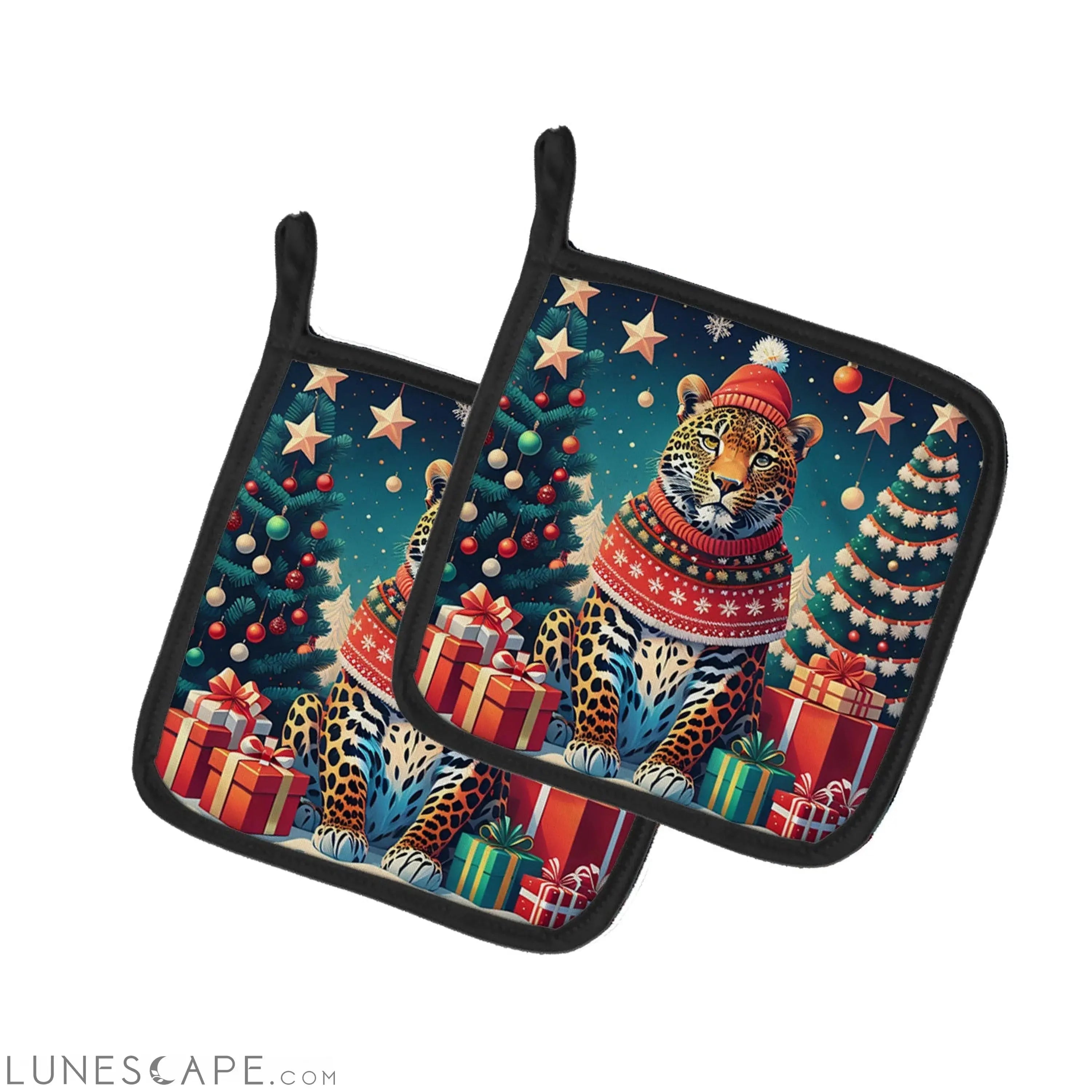 Leopard Christmas Pair of Pot Holders LUNESCAPE