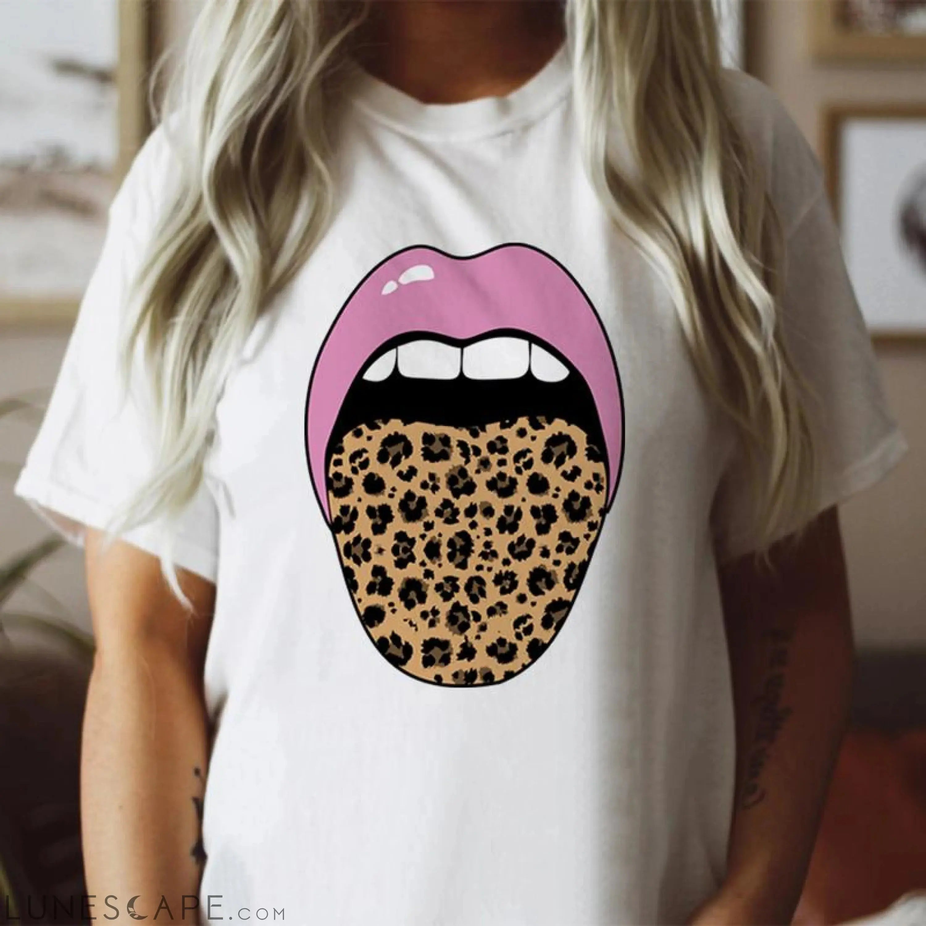 Leopard Tongue Pink Lips T-Shirt LUNESCAPE