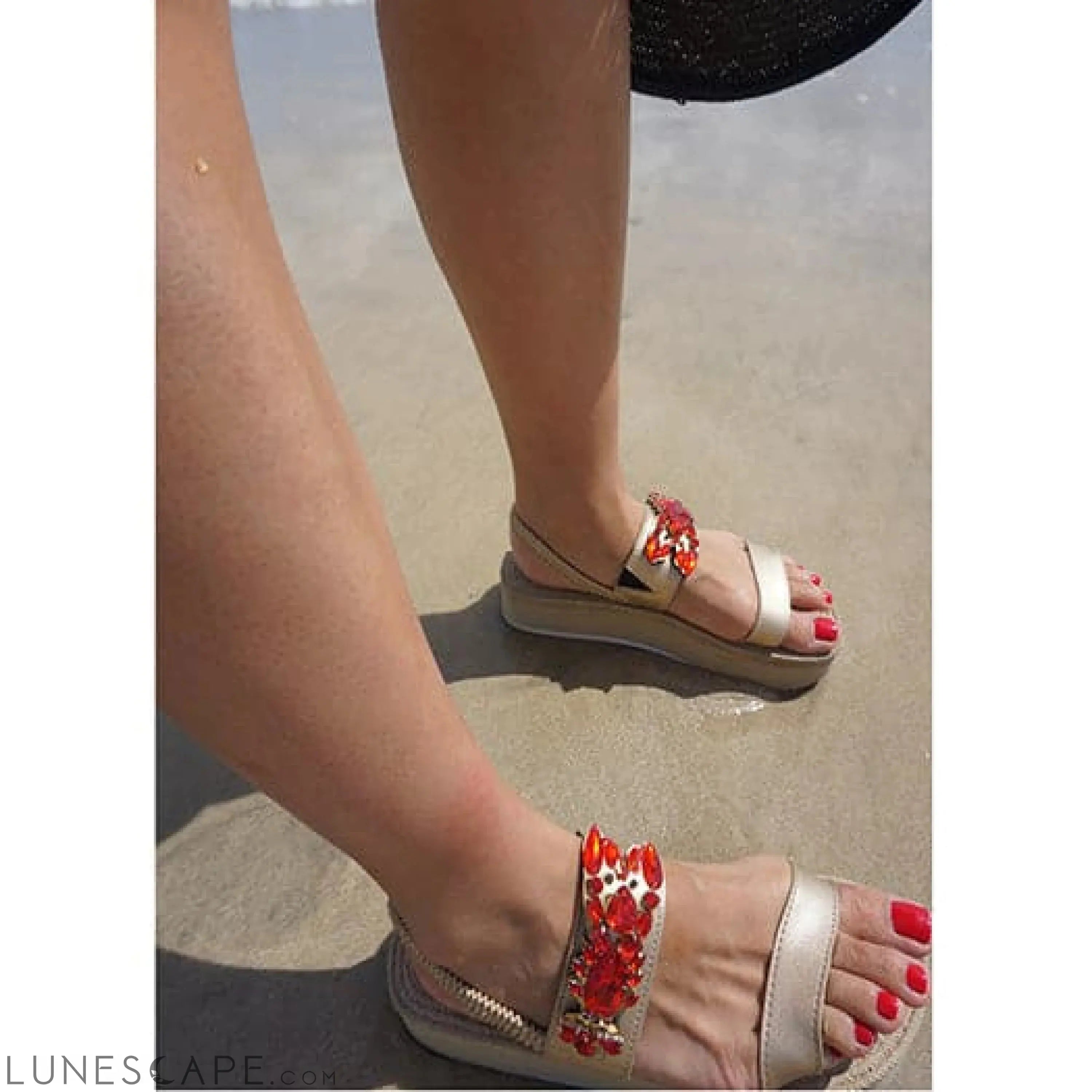 Lobster - Waterproof Espadrille Platform Wedge Sandals Red Crystals Stone Embellished LUNESCAPE
