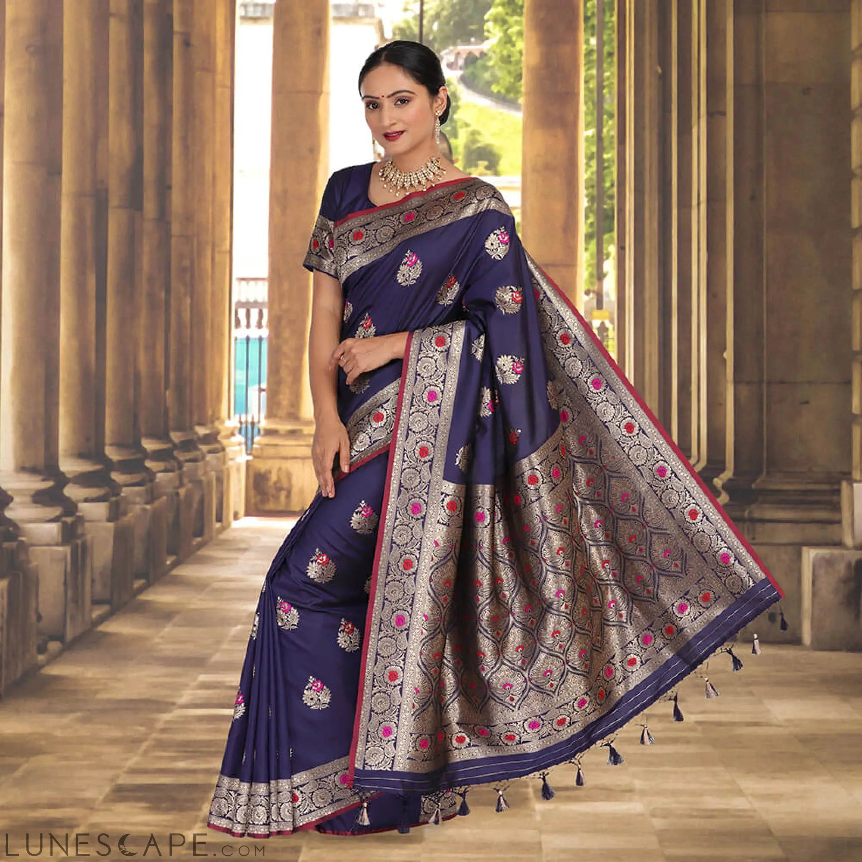 Malai Silk Banarasi Saree With Meena Booti - Navy Blue LUNESCAPE