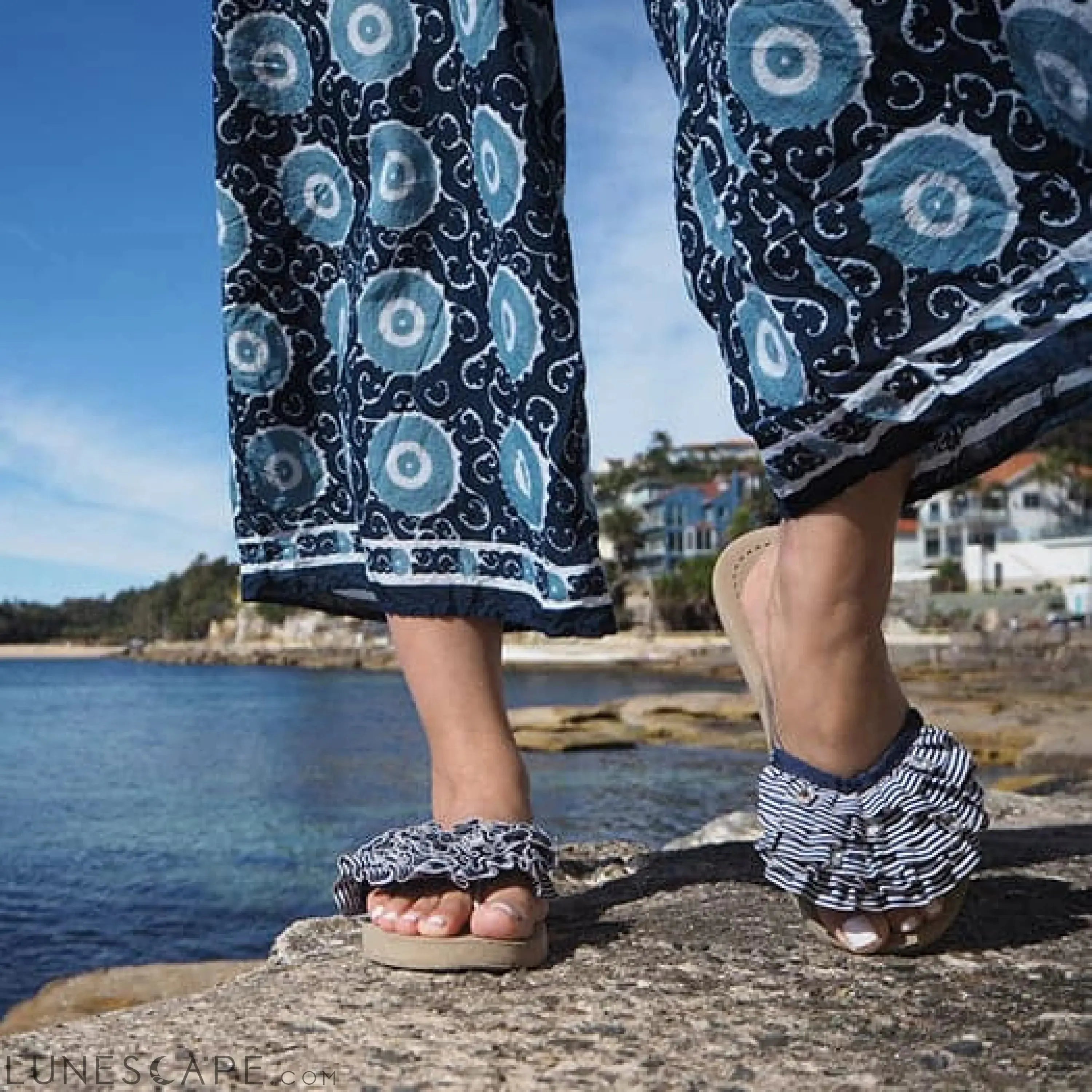 Marine Stripe Ruffle - Triple Rockaway- Flat Flip Flops Sandal LUNESCAPE