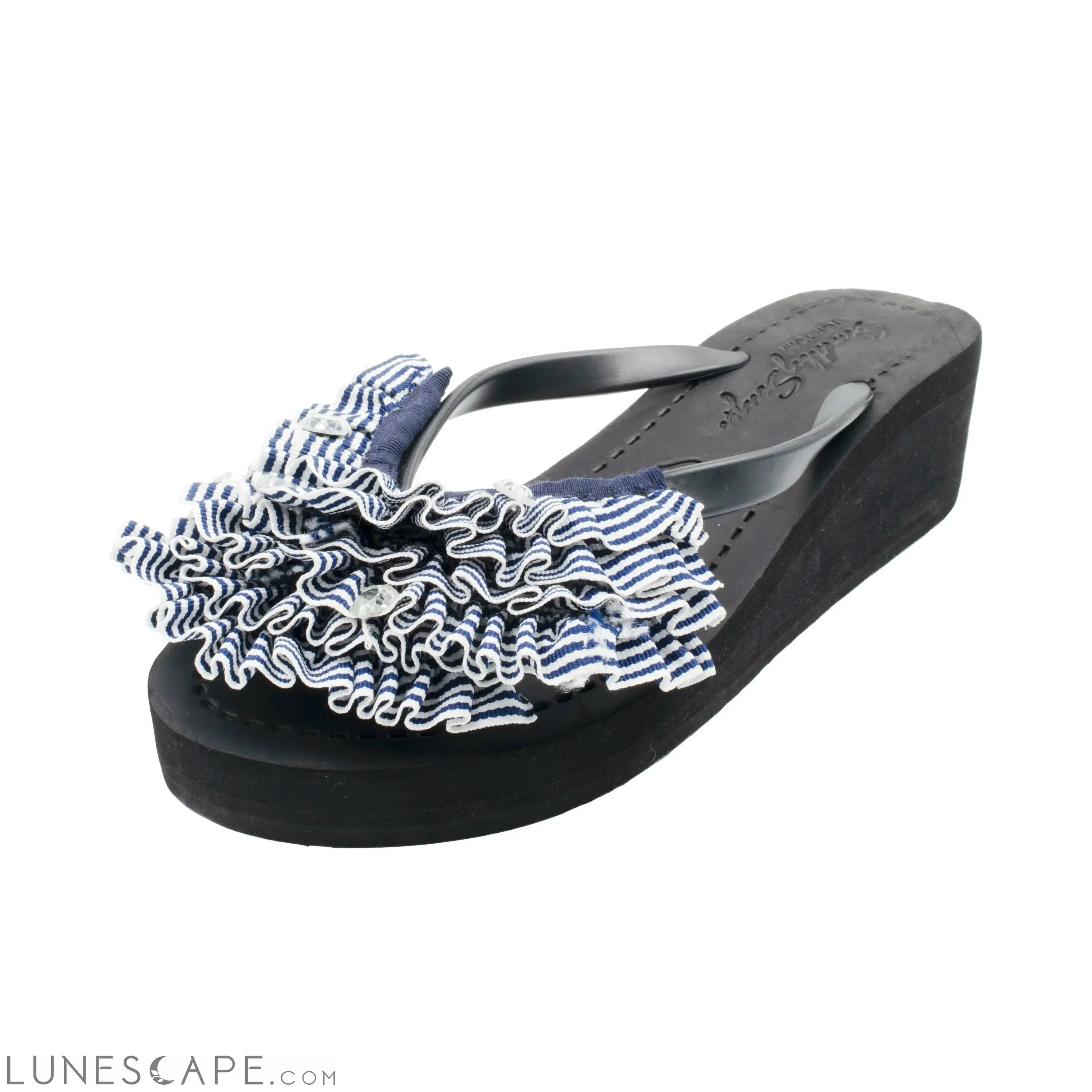 Marine Stripe Ruffle - Triple Rockaway - Women's Mid Wedge Flip Flops LUNESCAPE