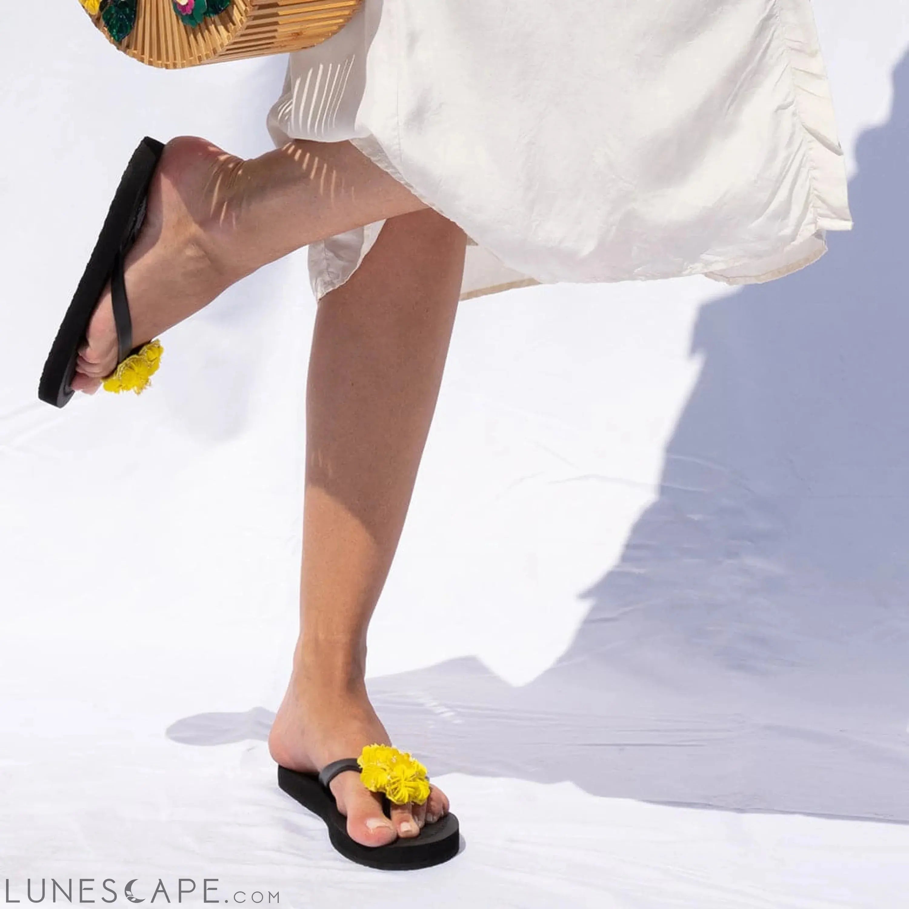 Noho Yellow Flower - Embroidered Flat Flip Flops Sandal LUNESCAPE