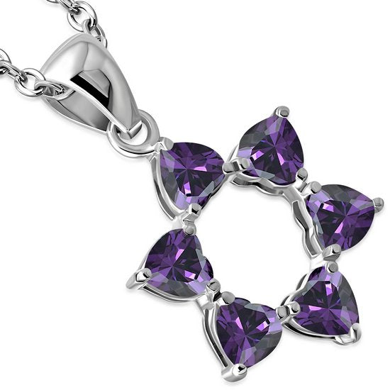 Heart Shape Purple CZ Star David Silver Pendant