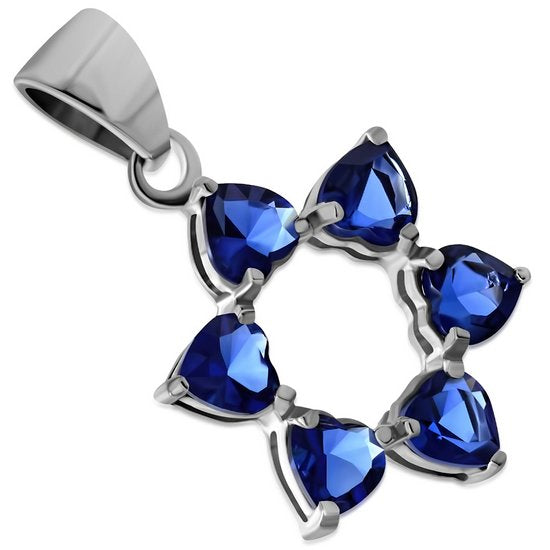 Heart Shape Blue CZ Star of David Silver Pendant