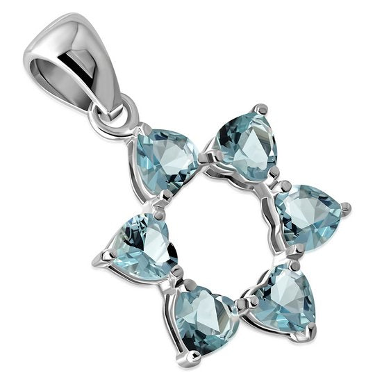 Heart Shape Blue Topaz CZ Star of David Silver Pendant
