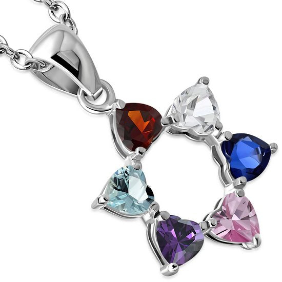 Heart Shape Mix Color CZ Star David Silver Pendant
