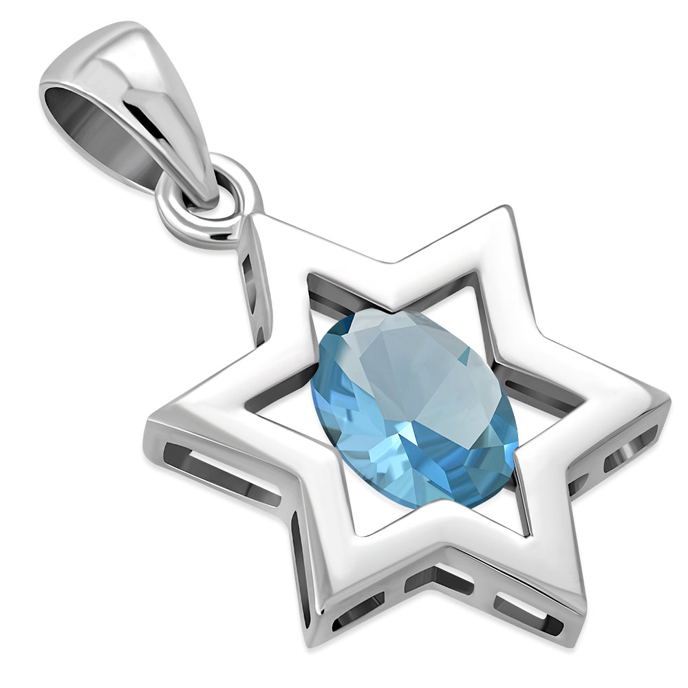 Blue Topaz CZ Star of David Silver Pendant