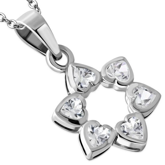Clear CZ Heart Shape Star David Silver Pendant