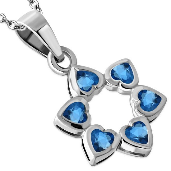 Heart Shape Blue CZ Star David Silver Pendant