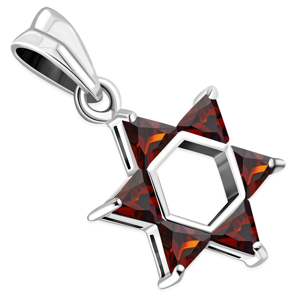 Garnet CZ Medium Star of David Silver Pendant