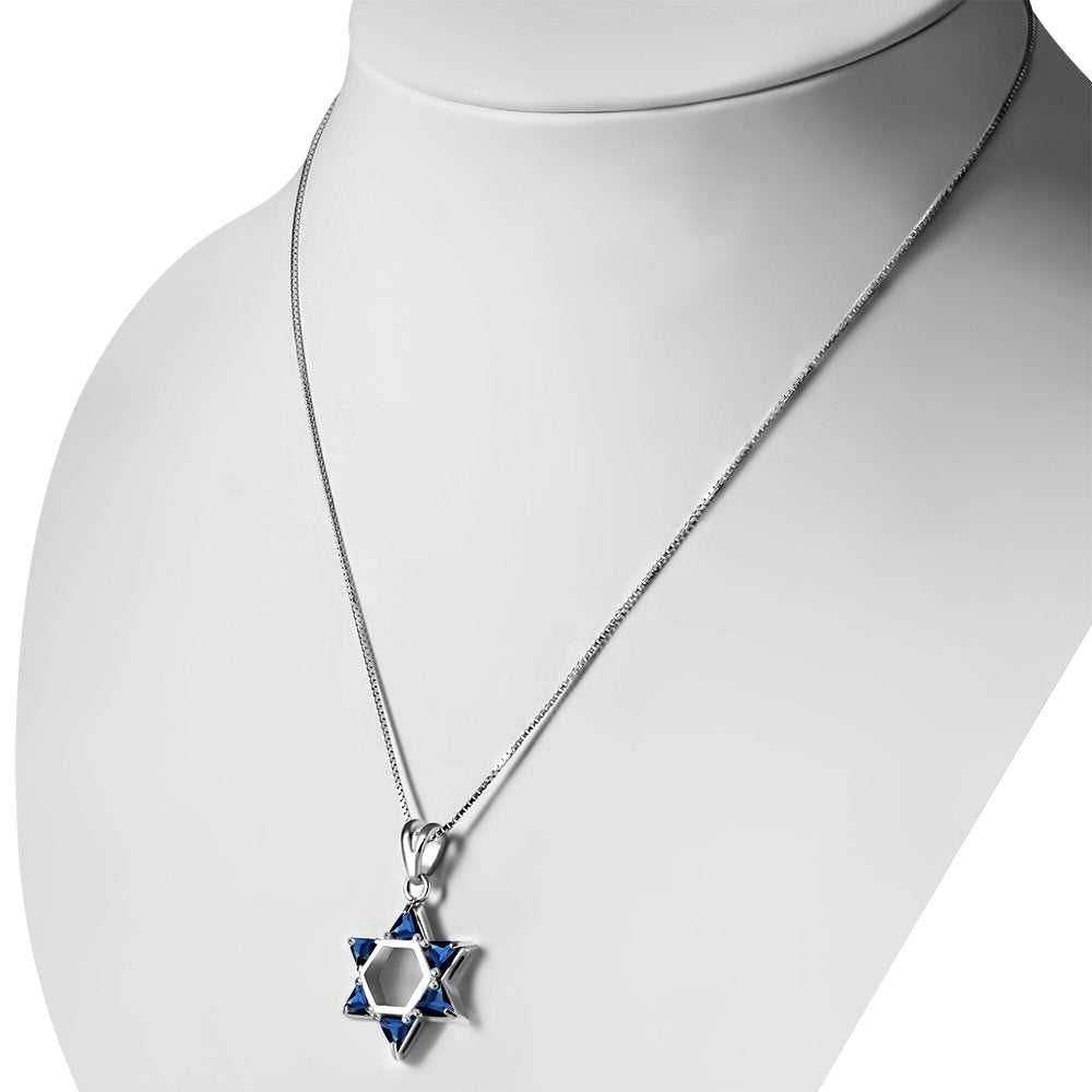 Blue Sapphire CZ Large Star David Silver Pendant