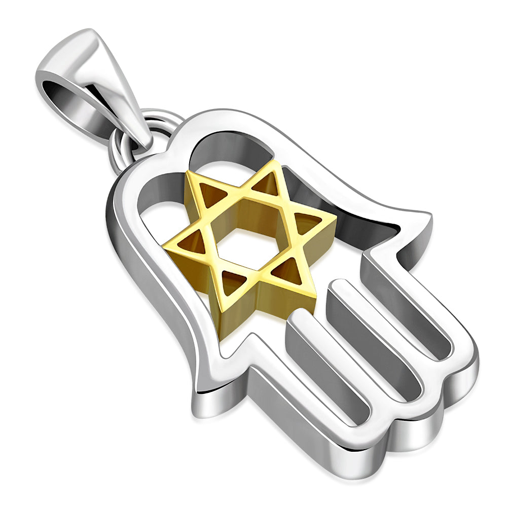 18K Gold Plated Hamsa & Star David Silver Pendant