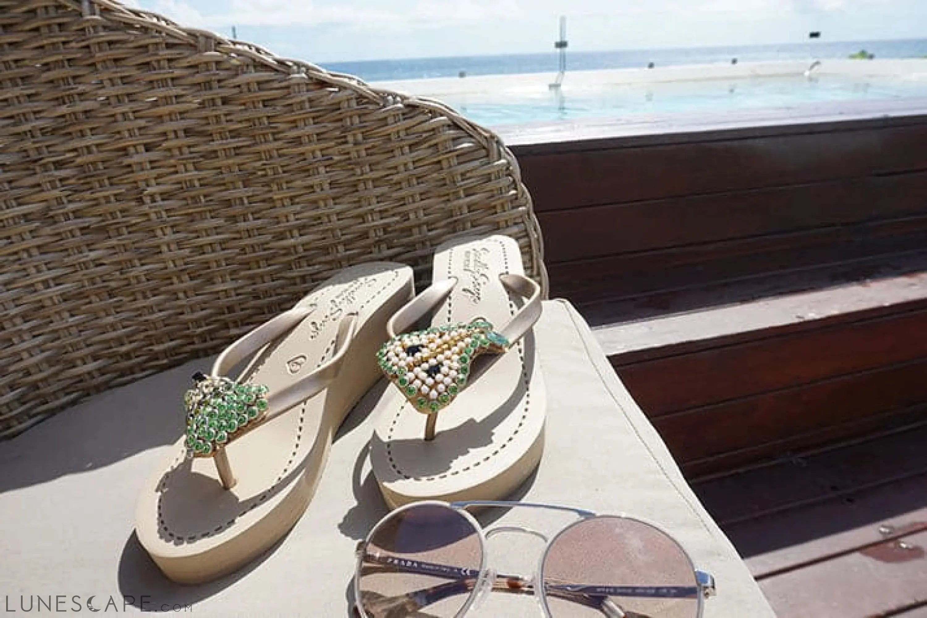 Pear - Rhinestone Mid Wedge Flip Flops LUNESCAPE