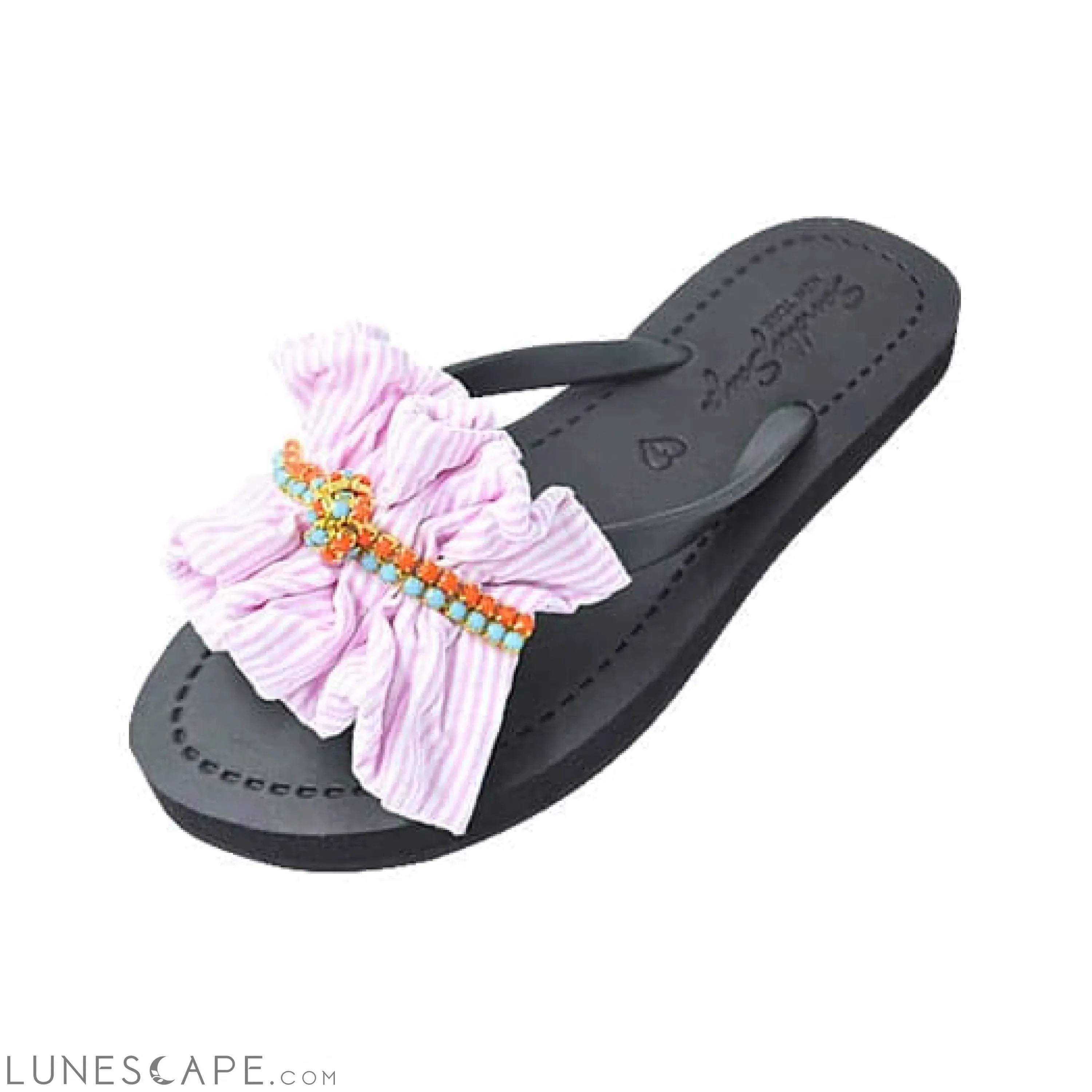 Pink Hudson Stripe Ruffle - Flat Flip Flops Sandal LUNESCAPE
