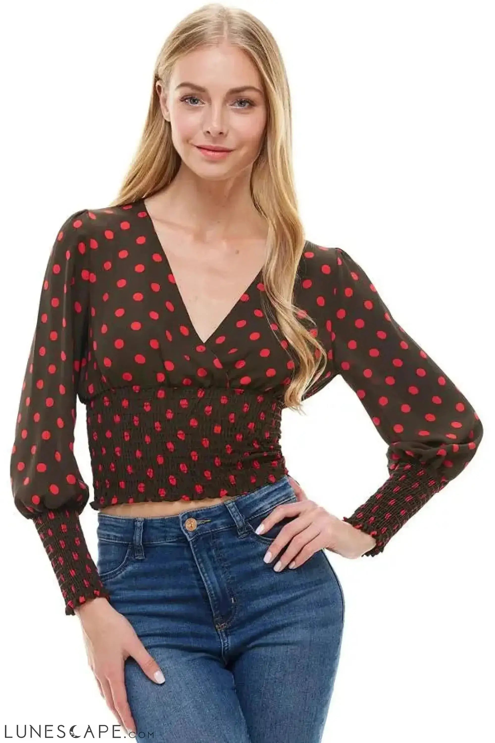 Polk A Dot Surplice Smock Waist & Smock Sleeve Detailed Blouse LUNESCAPE