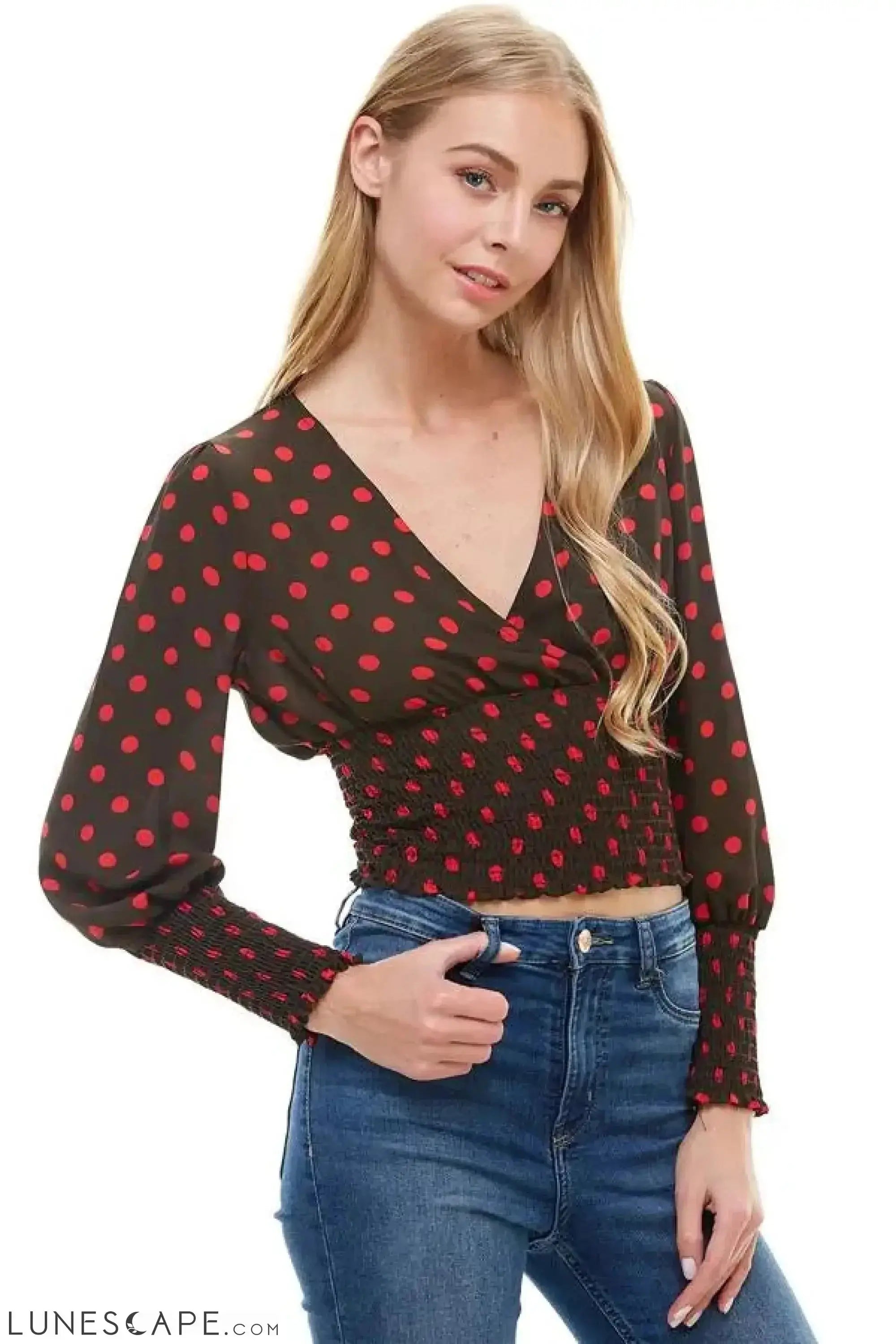 Polk A Dot Surplice Smock Waist & Smock Sleeve Detailed Blouse LUNESCAPE
