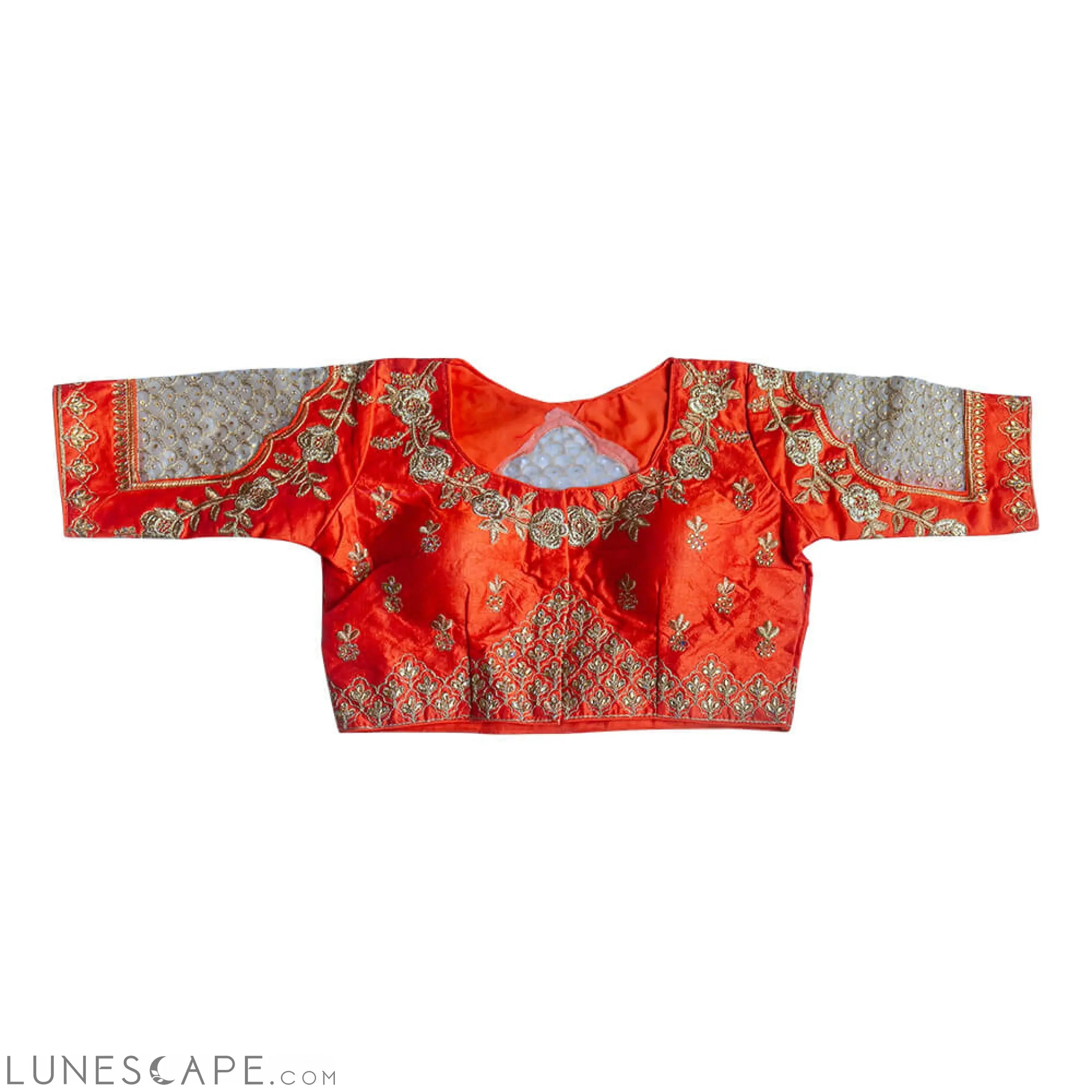 Readymade Saree Blouse With Scallop Shaped Net Embroidery  - Orange LUNESCAPE