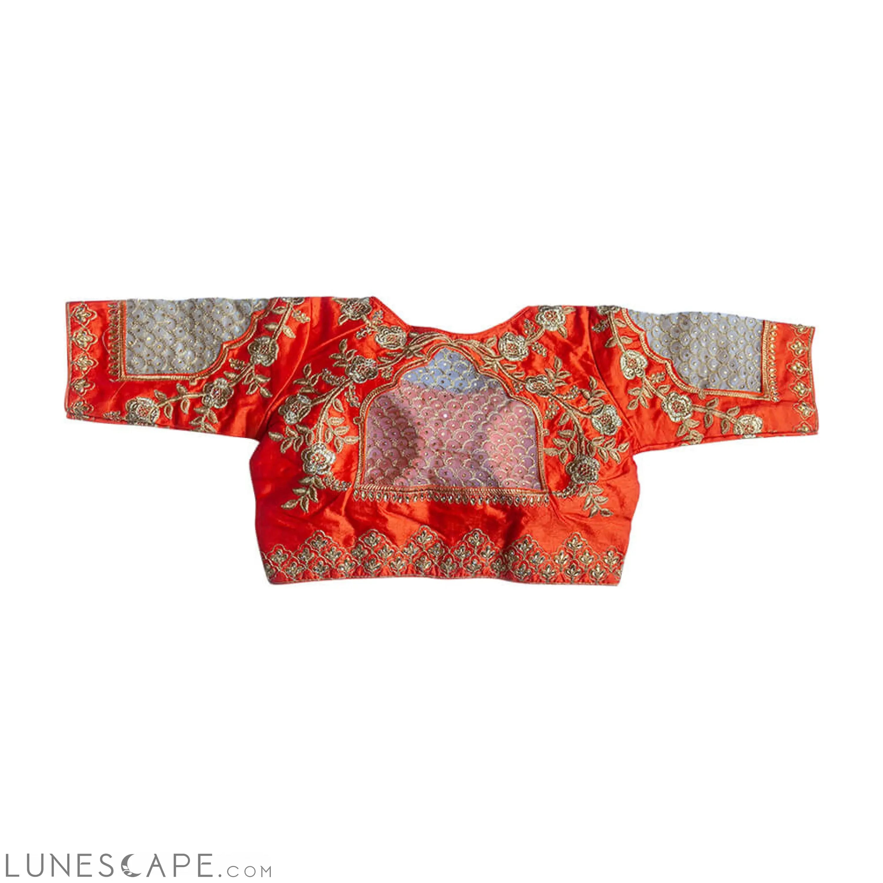 Readymade Saree Blouse With Scallop Shaped Net Embroidery  - Orange LUNESCAPE