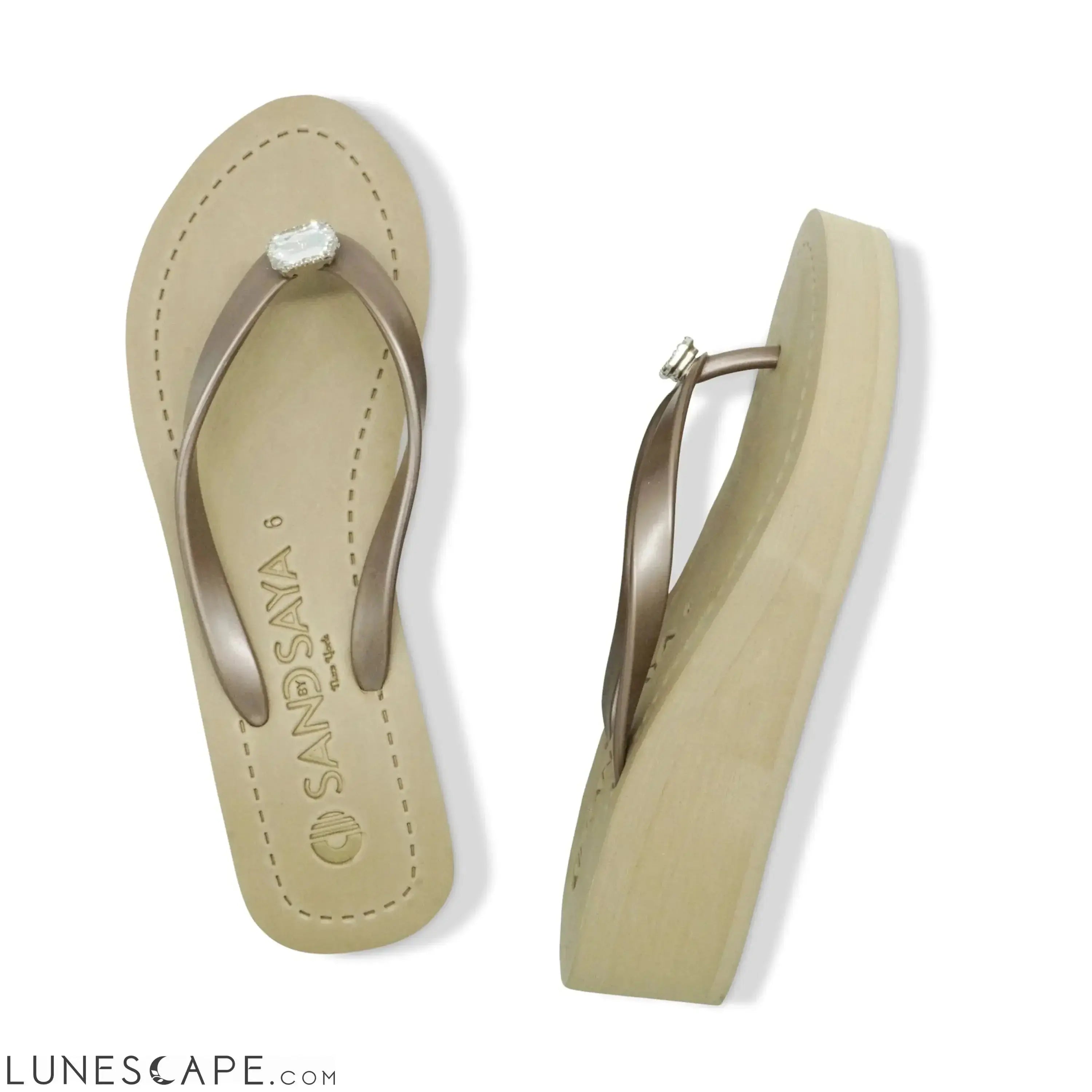 Rectangle Studs - Crystal Mid Wedge Flip Flops With Stones LUNESCAPE