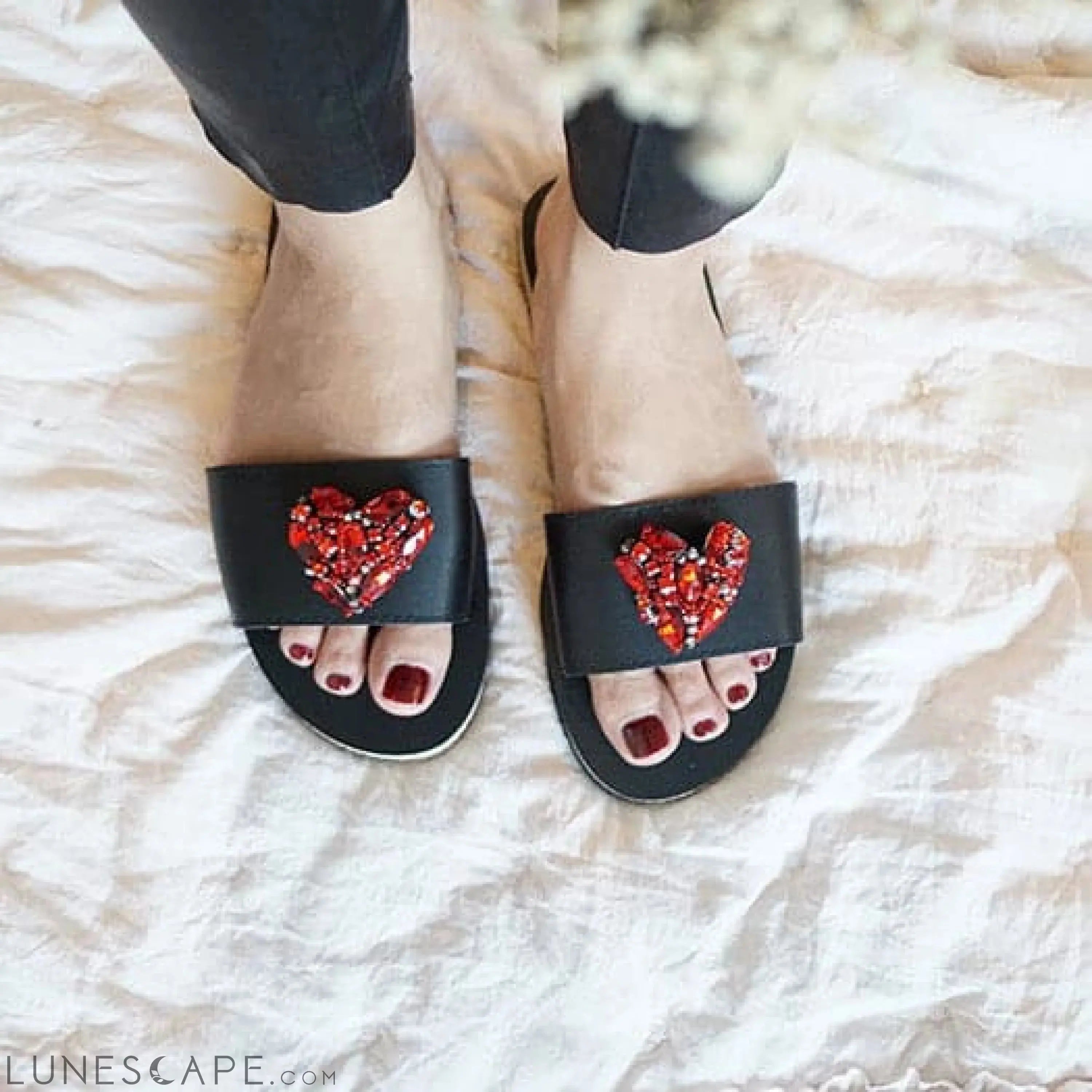 Red Heart - Rhinestone Embellished Sandals for Women_Waterproof Espadrille Flat LUNESCAPE