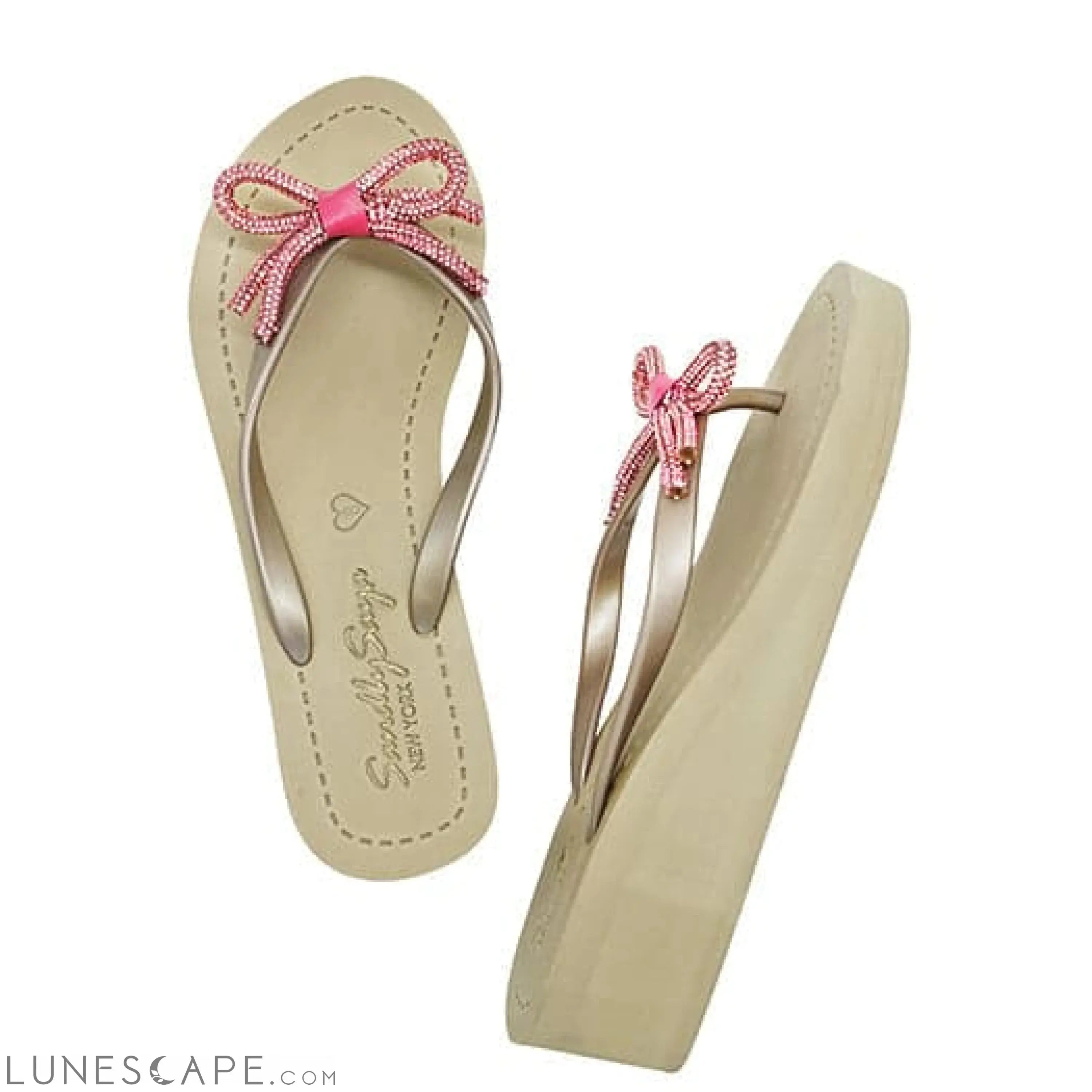 Rhinestone Pink Bow - Mid Wedge Flip Flops LUNESCAPE
