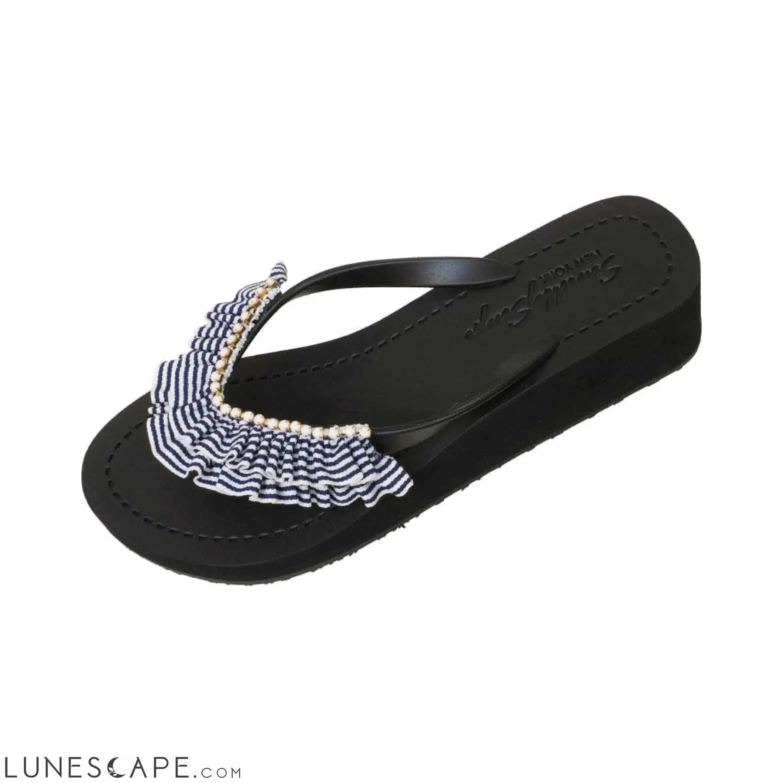 Rockaway Stripe - Rhinestone & Ruffle Mid Wedge Flip Flops LUNESCAPE