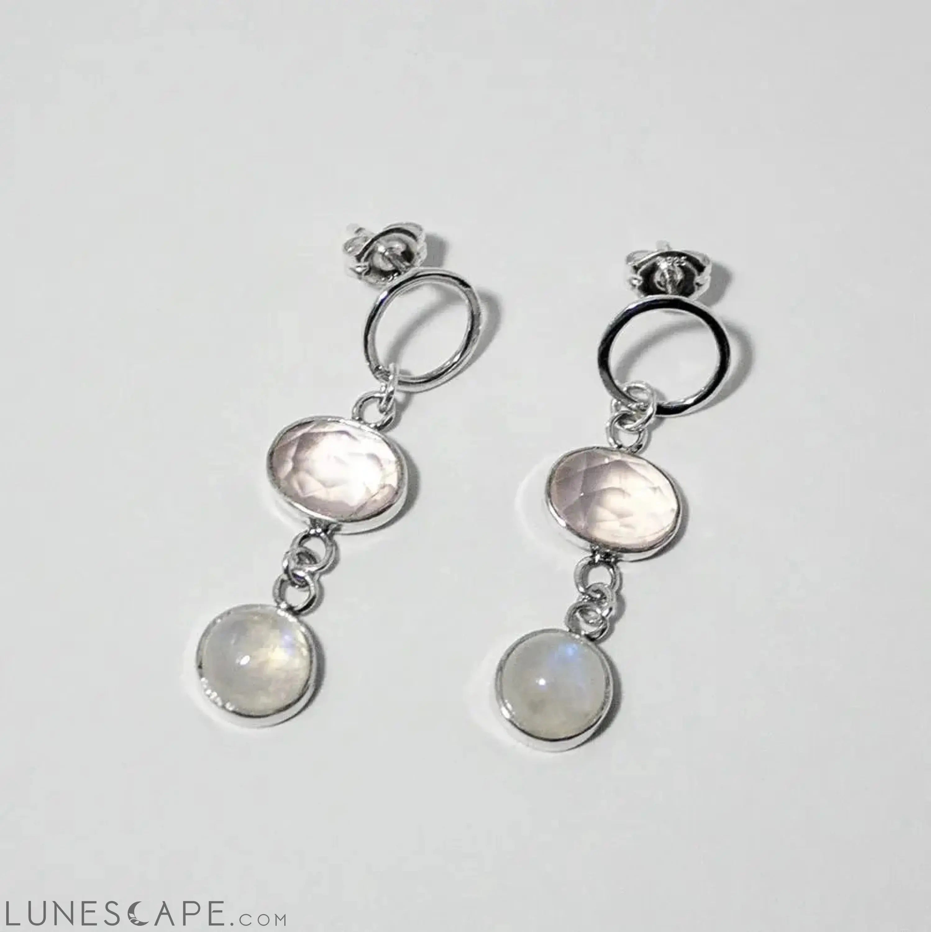 Rose Quartz & Rainbow Moonstone Open Circle Post Sterling Silver LUNESCAPE