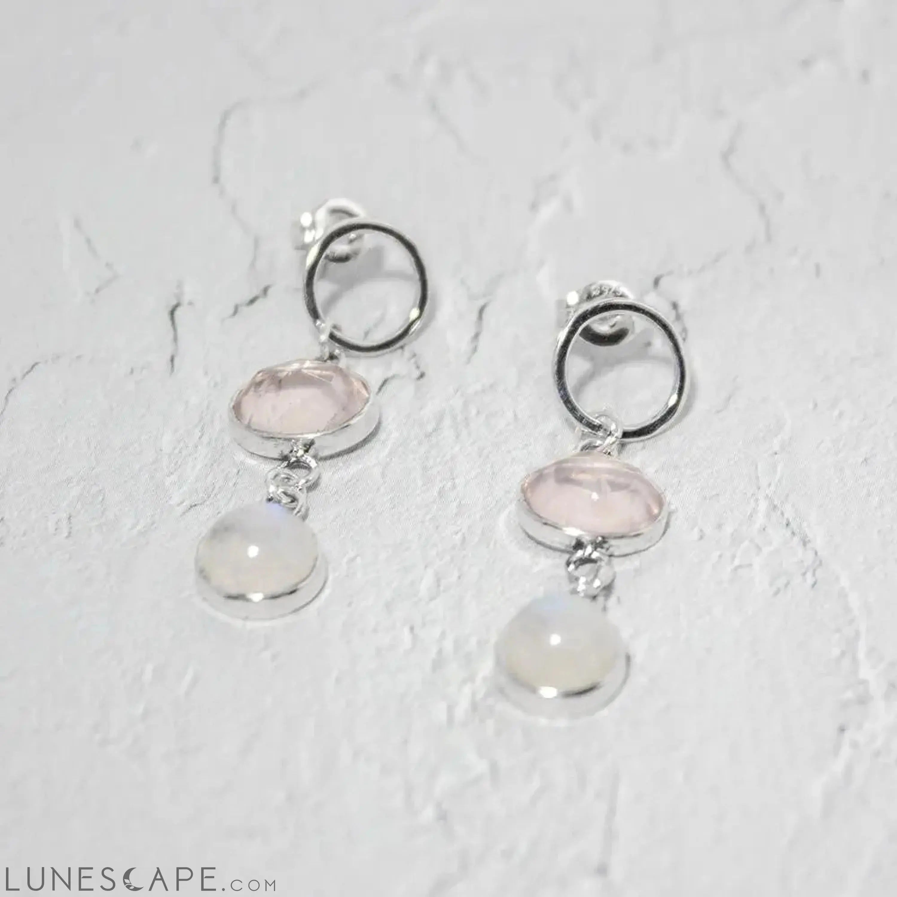 Rose Quartz & Rainbow Moonstone Open Circle Post Sterling Silver LUNESCAPE