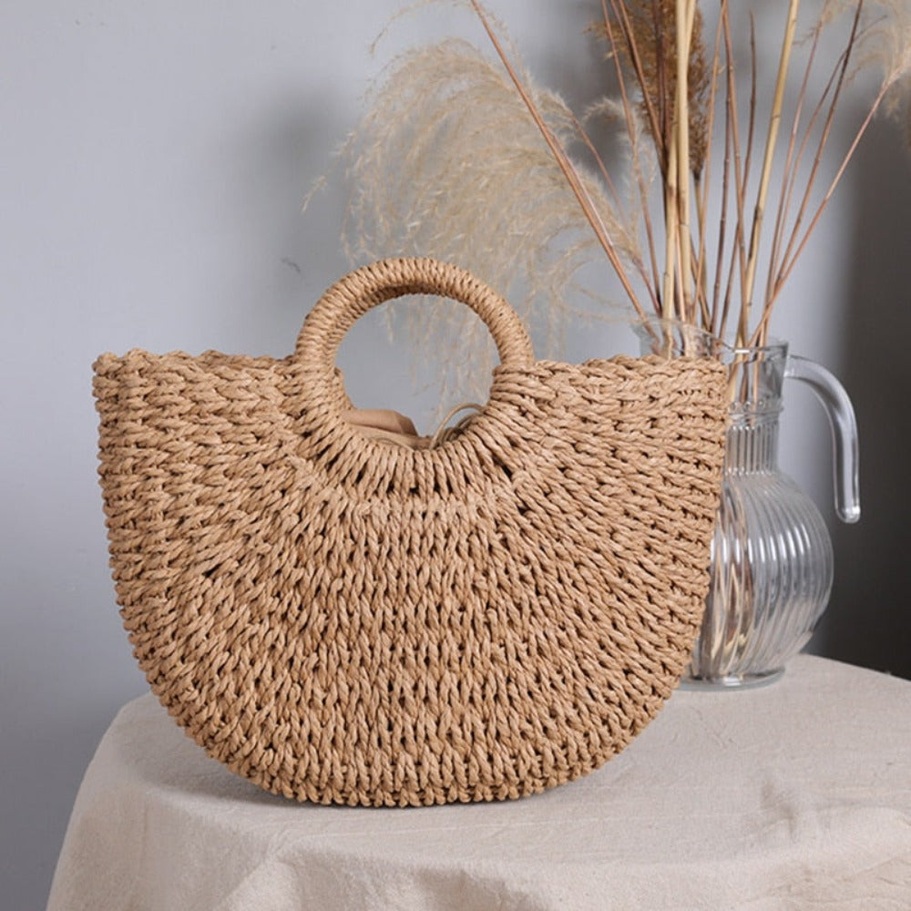 Summer Top Handle Semi Circle Straw Bag LUNESCAPE