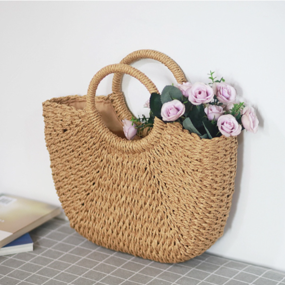 Summer Top Handle Semi Circle Straw Bag LUNESCAPE