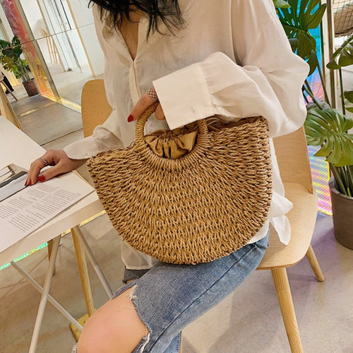 Summer Top Handle Semi Circle Straw Bag LUNESCAPE