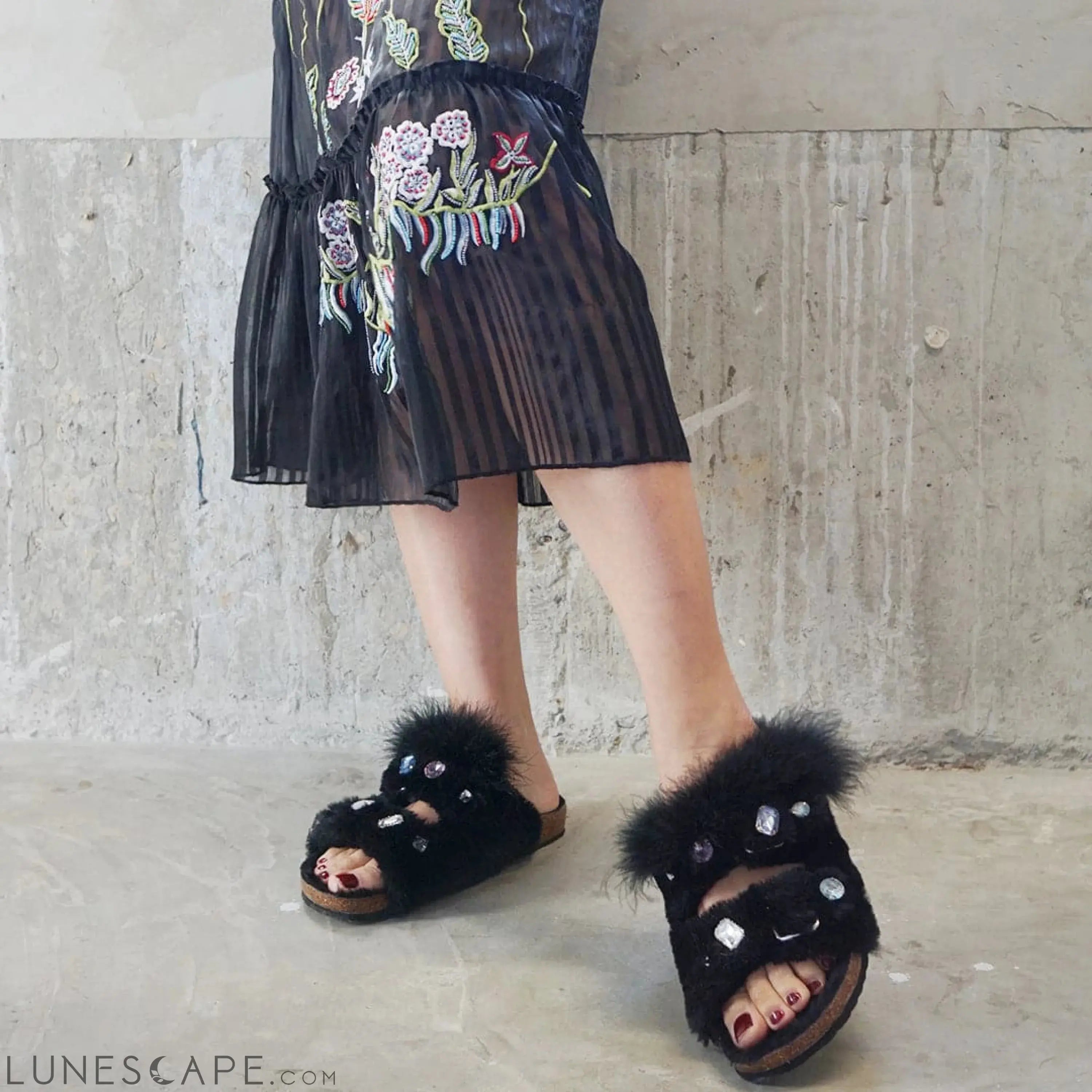 Shearling Fur Slide With Feather and Rhinestones - Black Flat Sandals LUNESCAPE