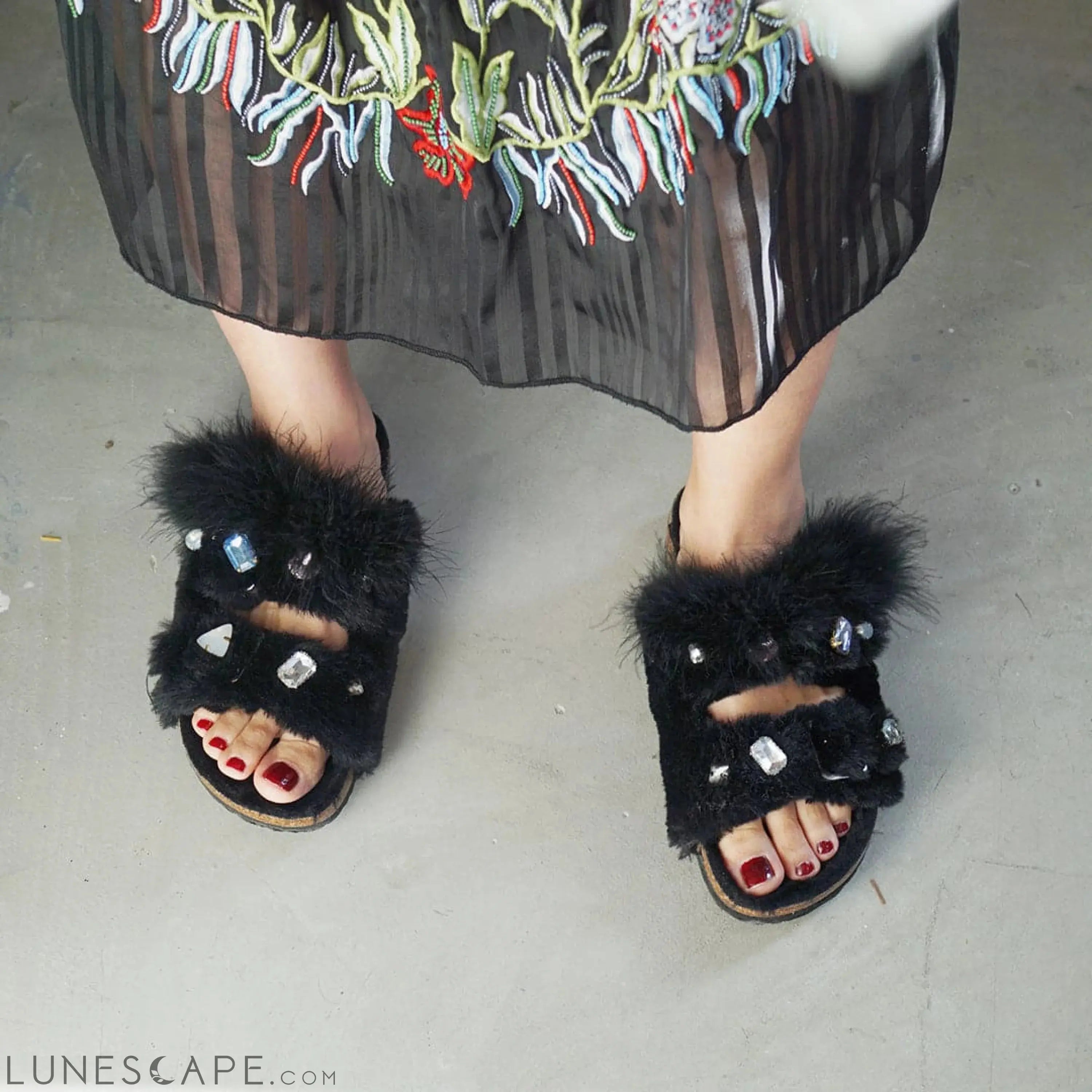 Shearling Fur Slide With Feather and Rhinestones - Black Flat Sandals LUNESCAPE