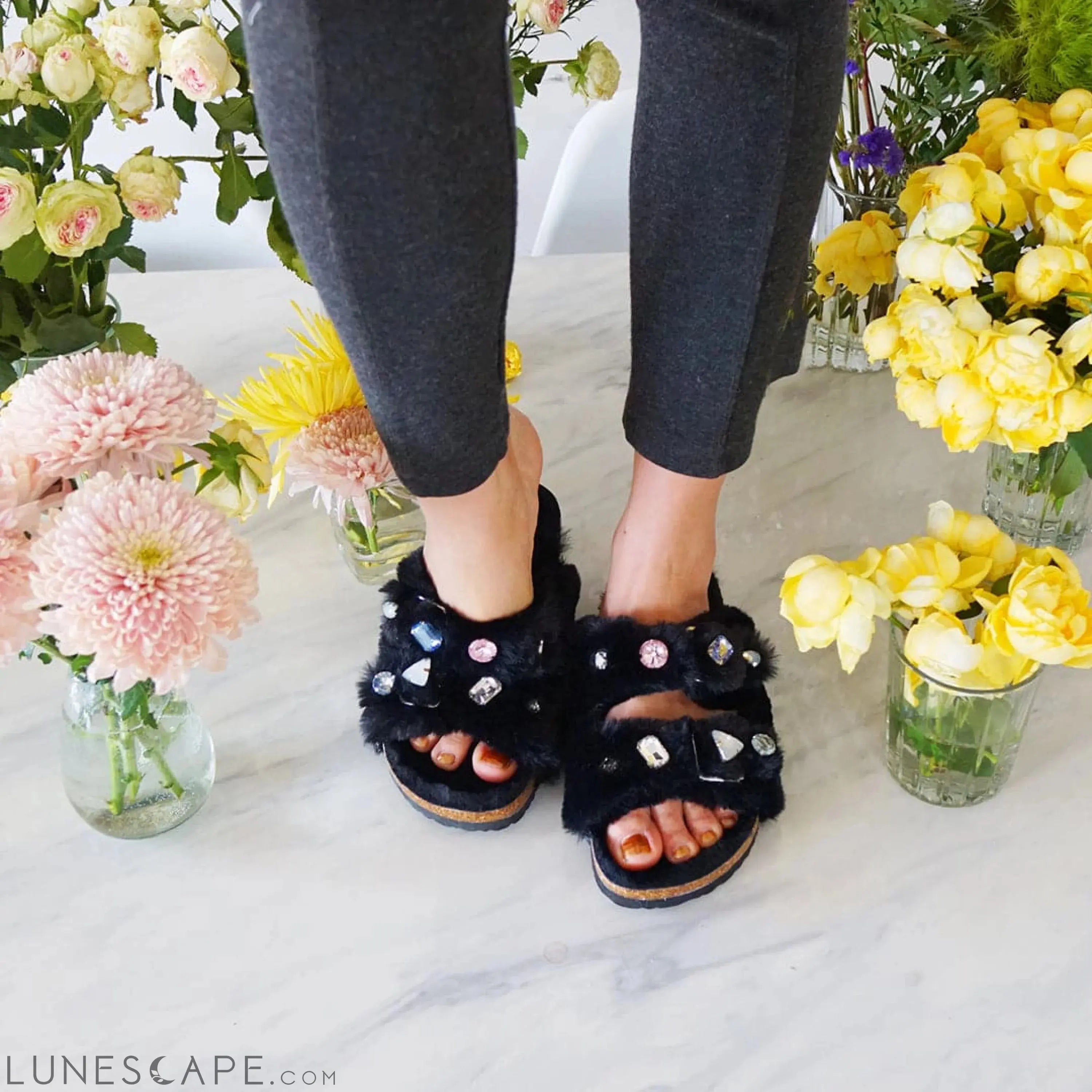 Shearling Fur Slide With Rhinestones - Black Flat Women's Sandals LUNESCAPE