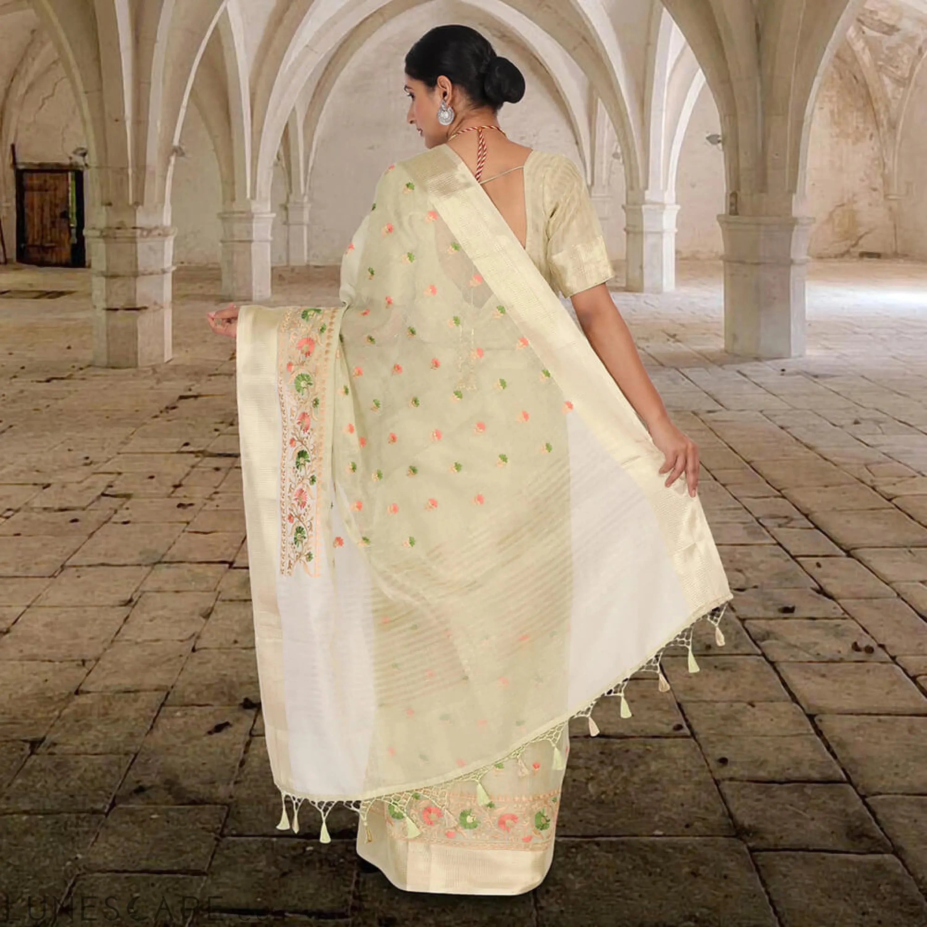 Tissue Banarasi Saree With Embroidery - Cream LUNESCAPE