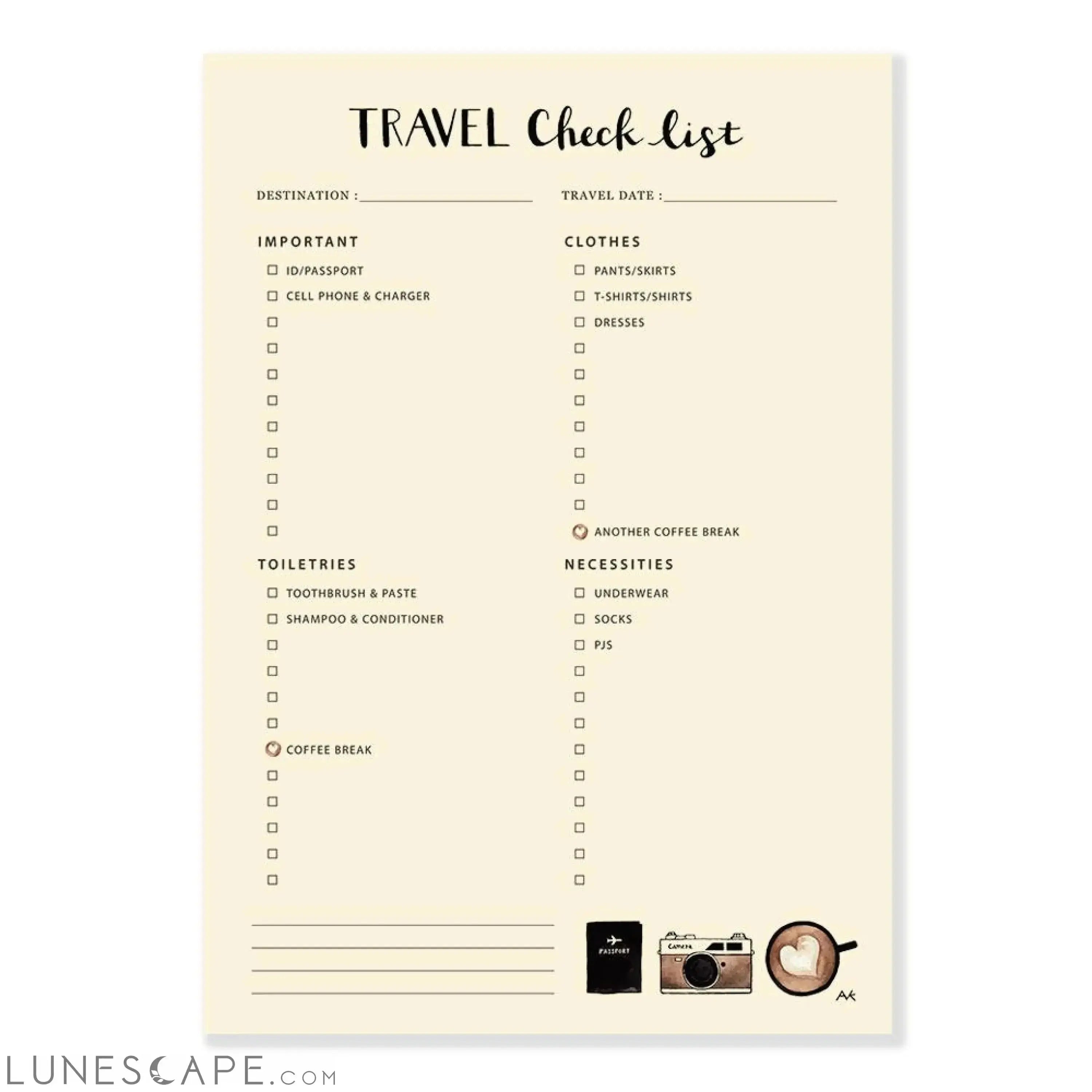 Travel Checklist Notepad LUNESCAPE
