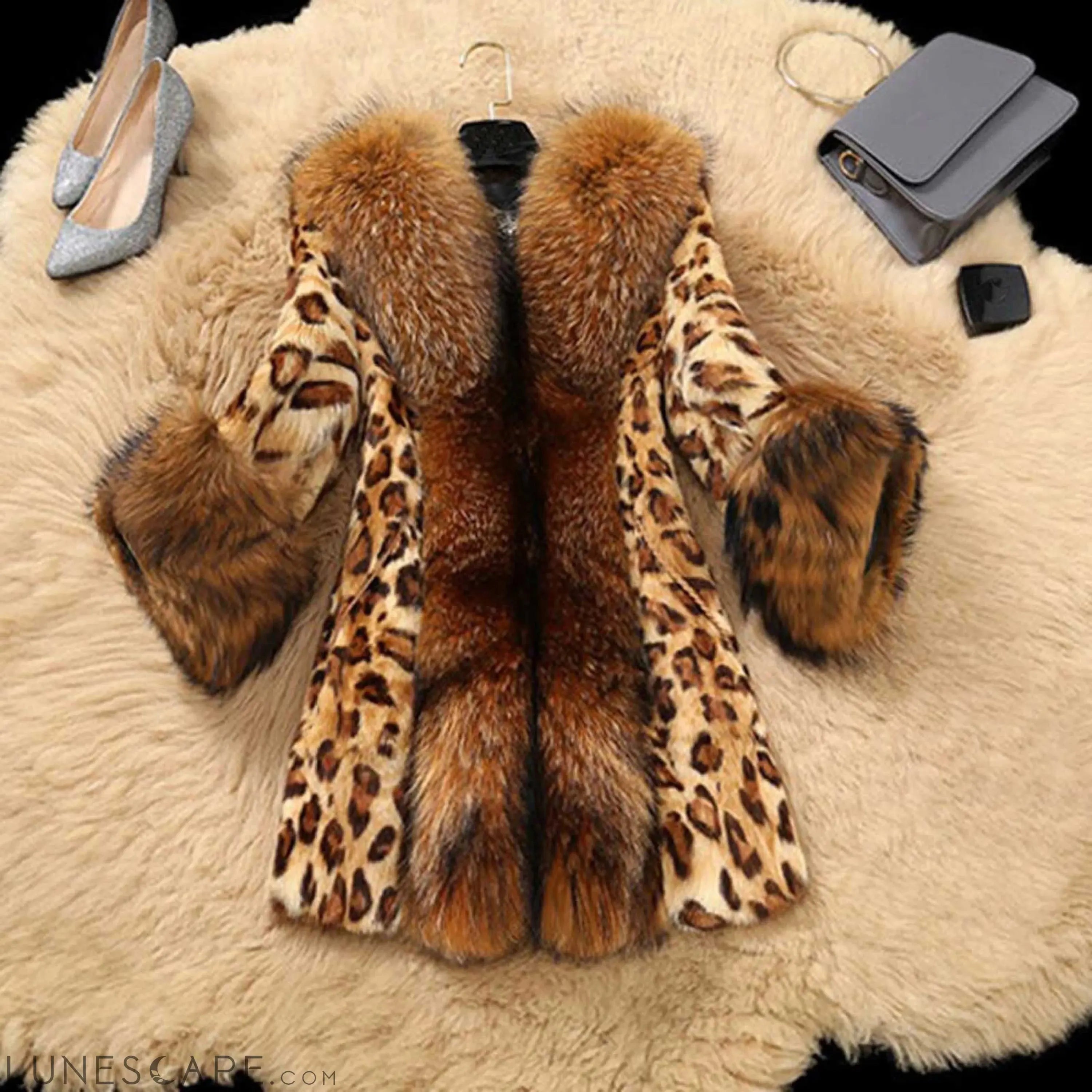 Warm Fur Hooded Leopard Faux Fur Coat LUNESCAPE