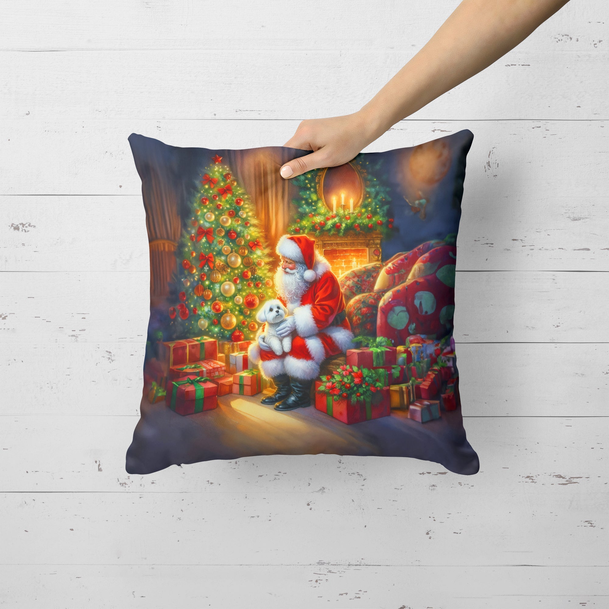 Maltese and Santa Claus Throw Pillow LUNESCAPE