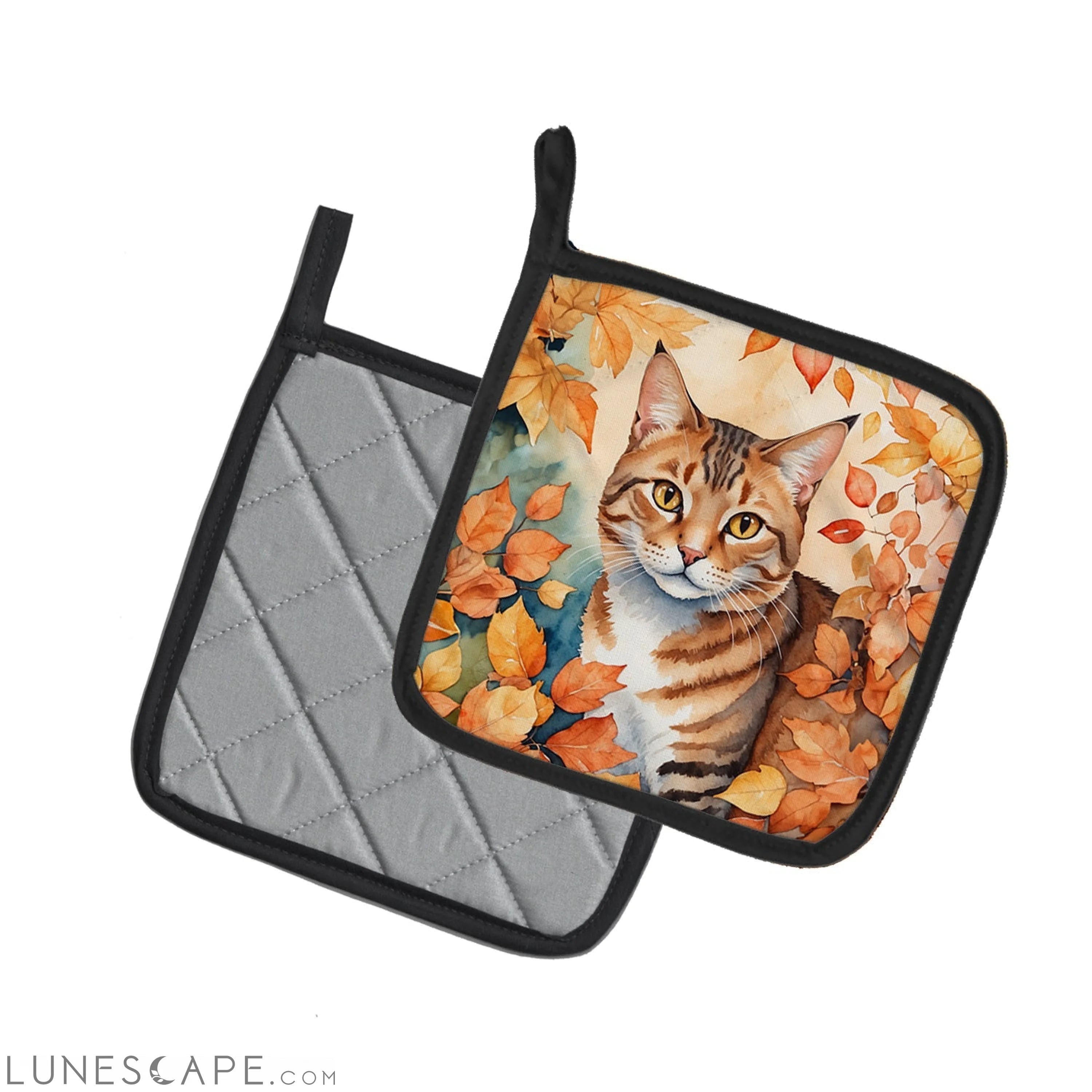 Aegean Cat in Fall Leaves Pair of Pot Holders LUNESCAPE