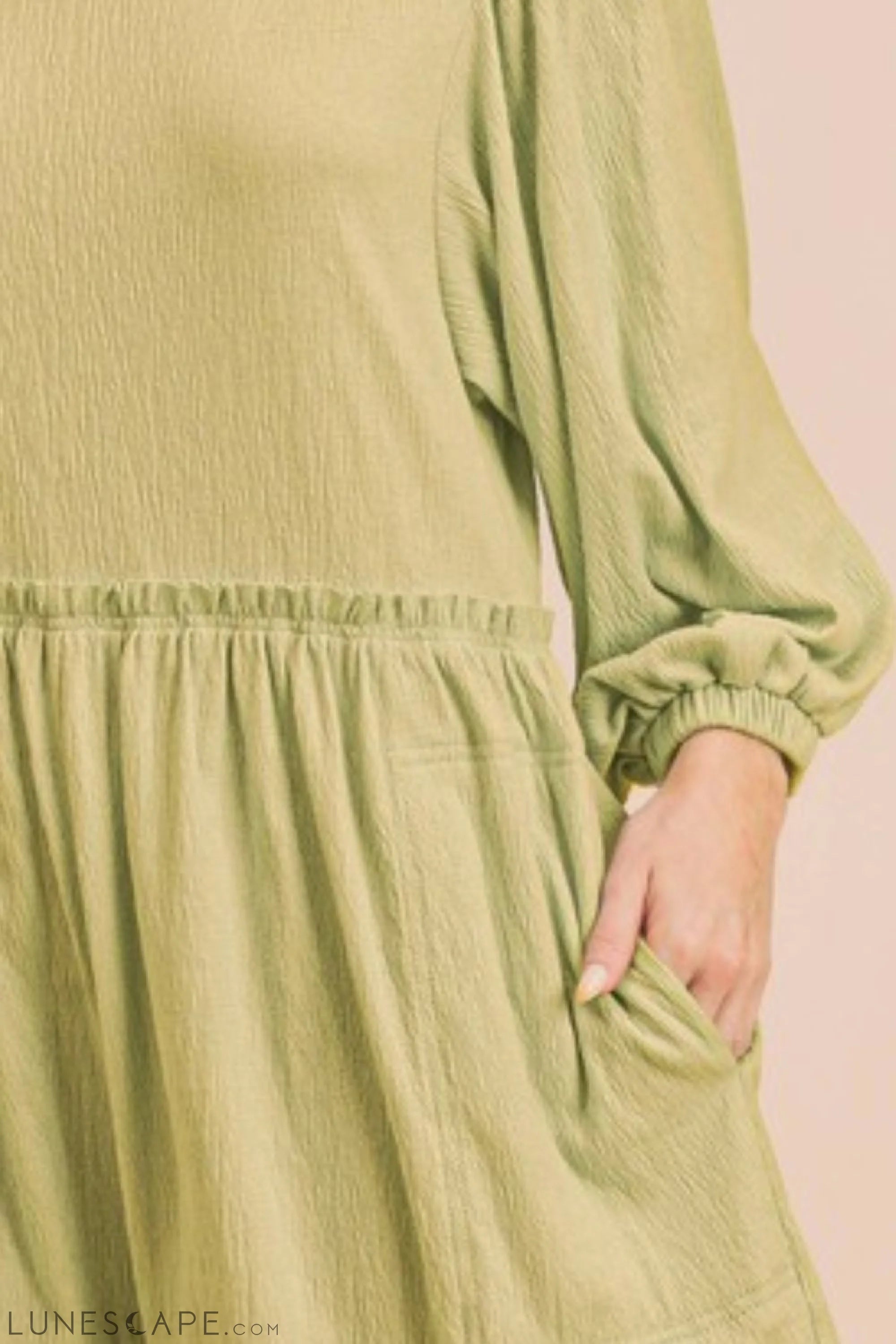 Aemi + Co Frill Round Neck Long Sleeve Romper with Pockets LUNESCAPE