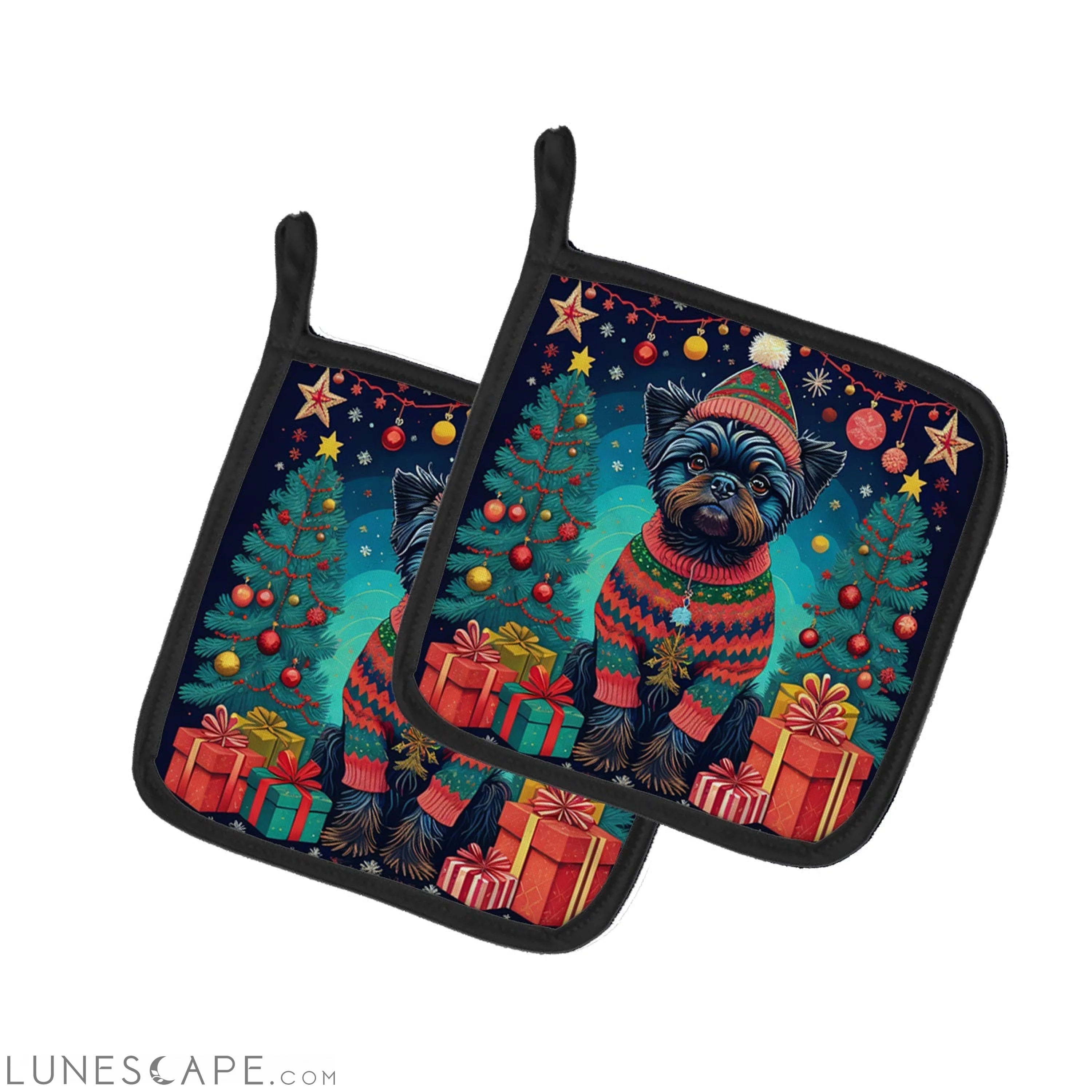 Affenpinscher Christmas Pair of Pot Holders LUNESCAPE