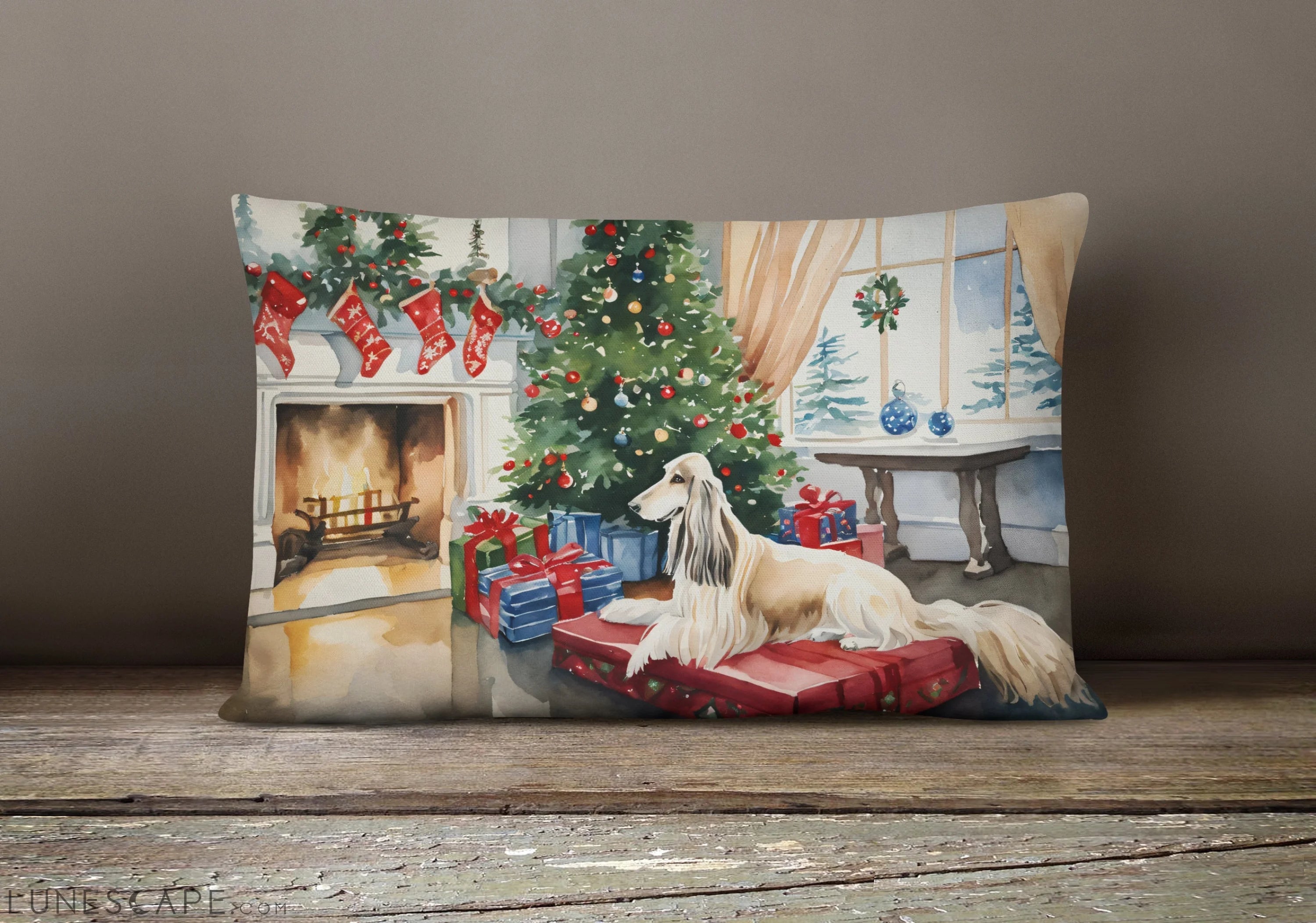 Afghan Hound Cozy Christmas Throw Pillow LUNESCAPE