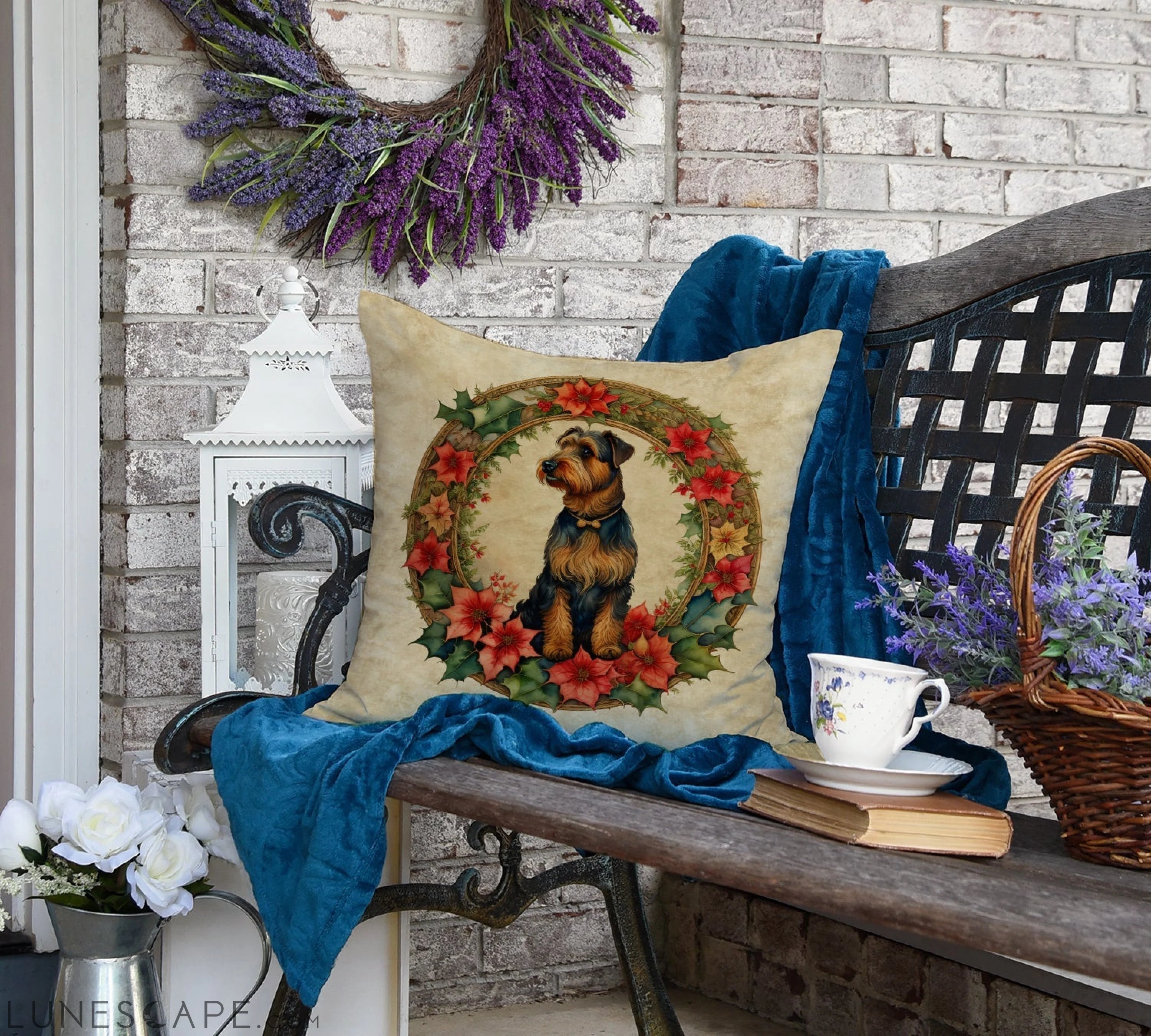 Airedale Terrier Christmas Flowers Throw Pillow LUNESCAPE