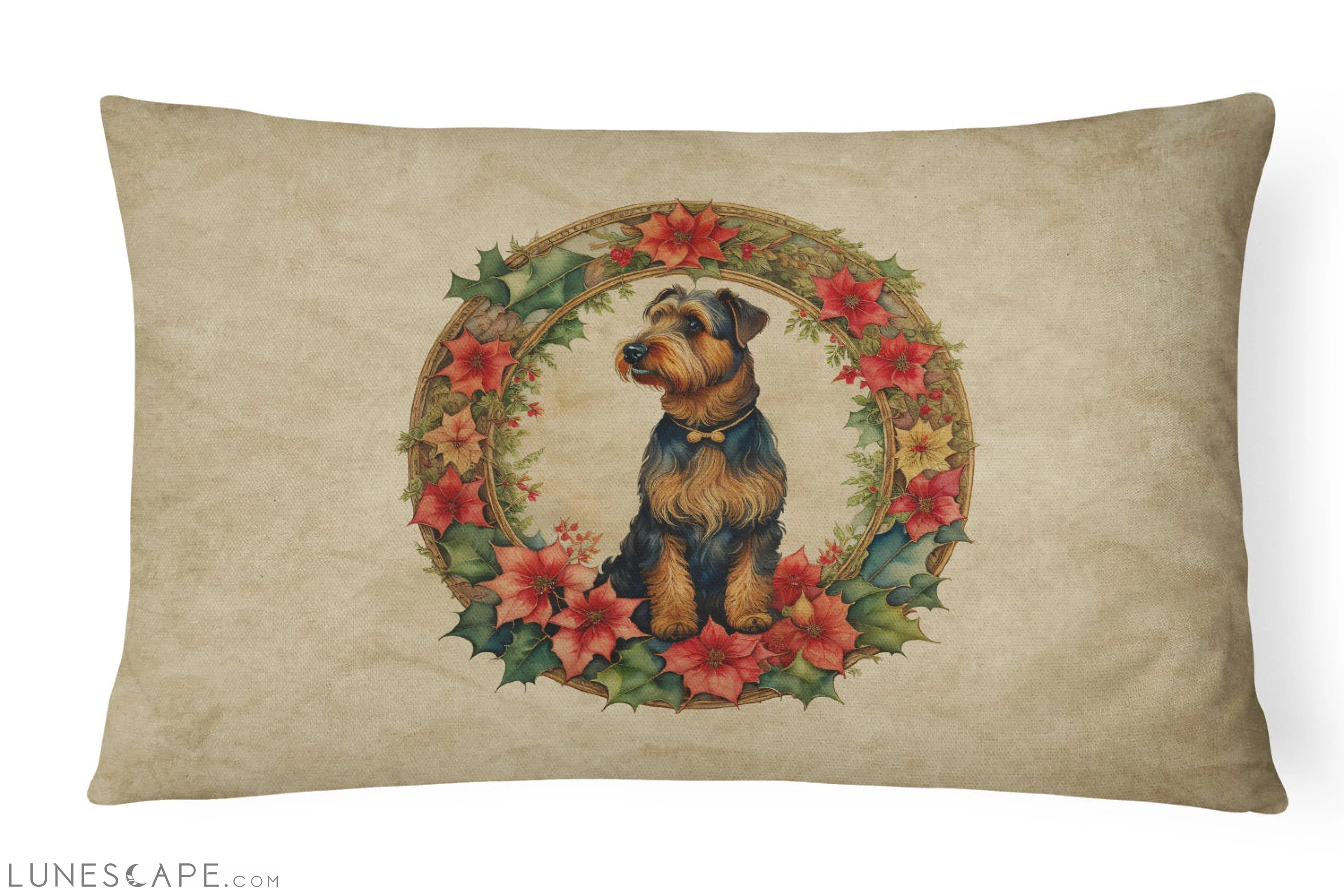 Airedale Terrier Christmas Flowers Throw Pillow LUNESCAPE