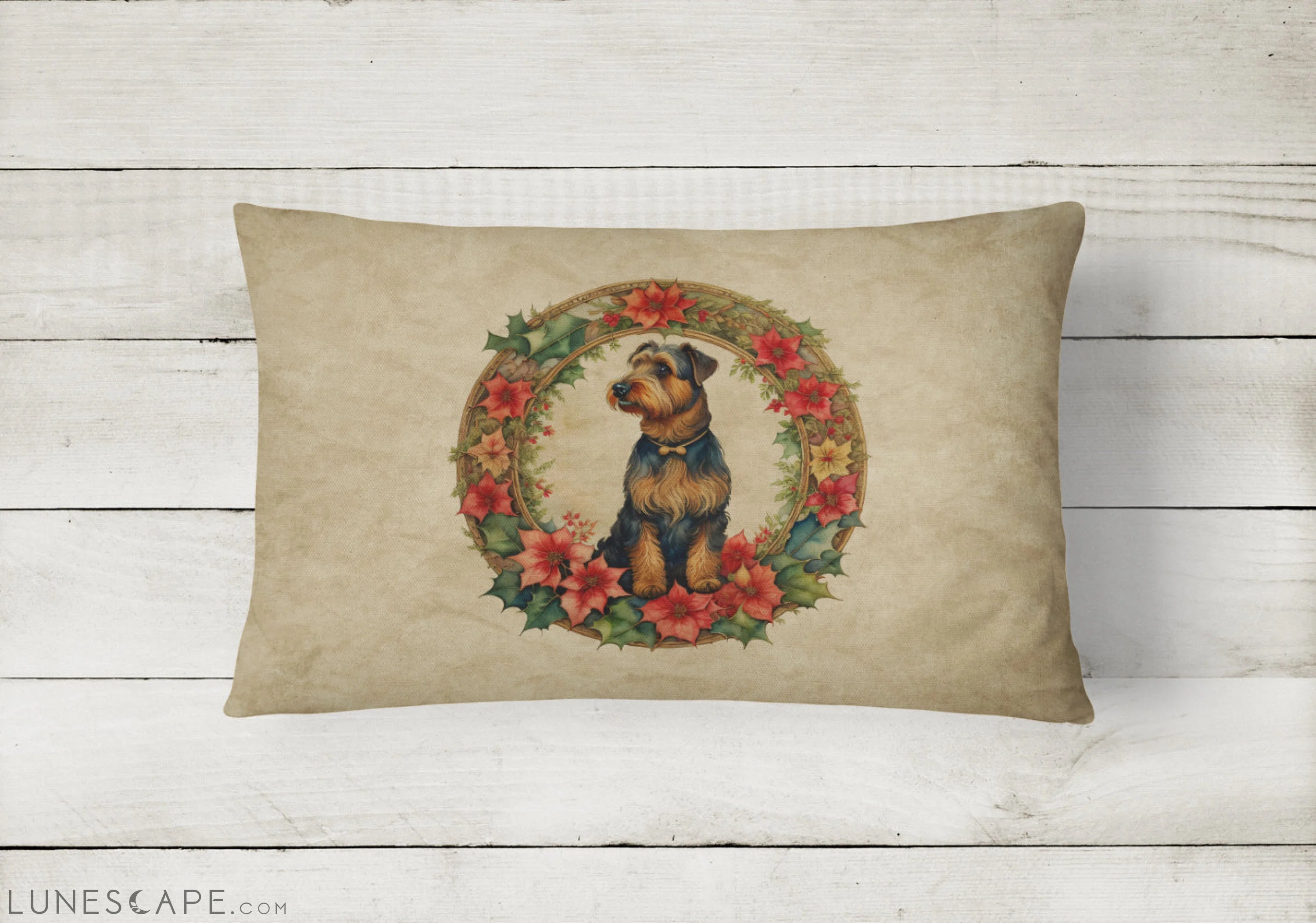 Airedale Terrier Christmas Flowers Throw Pillow LUNESCAPE