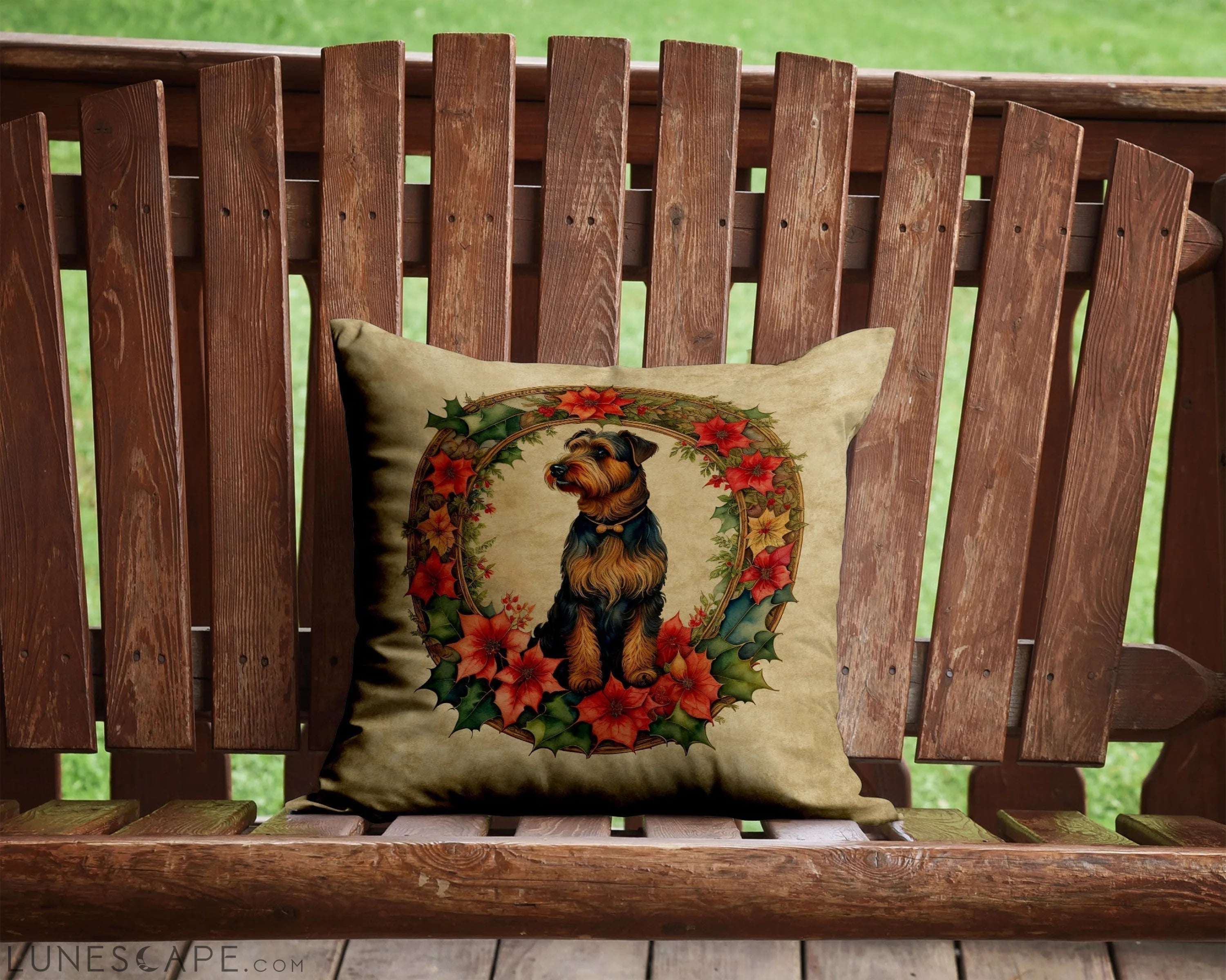 Airedale Terrier Christmas Flowers Throw Pillow LUNESCAPE